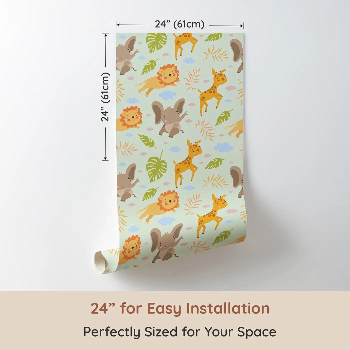 Dimension view of Whimsy Tots Jungle Leaf Pals Wallpaper in Mint Green (W3186D). Printed in 24-inch-wide panel for easy installation. Cuddly lions, elephants, and giraffes play beneath leafy skies.
