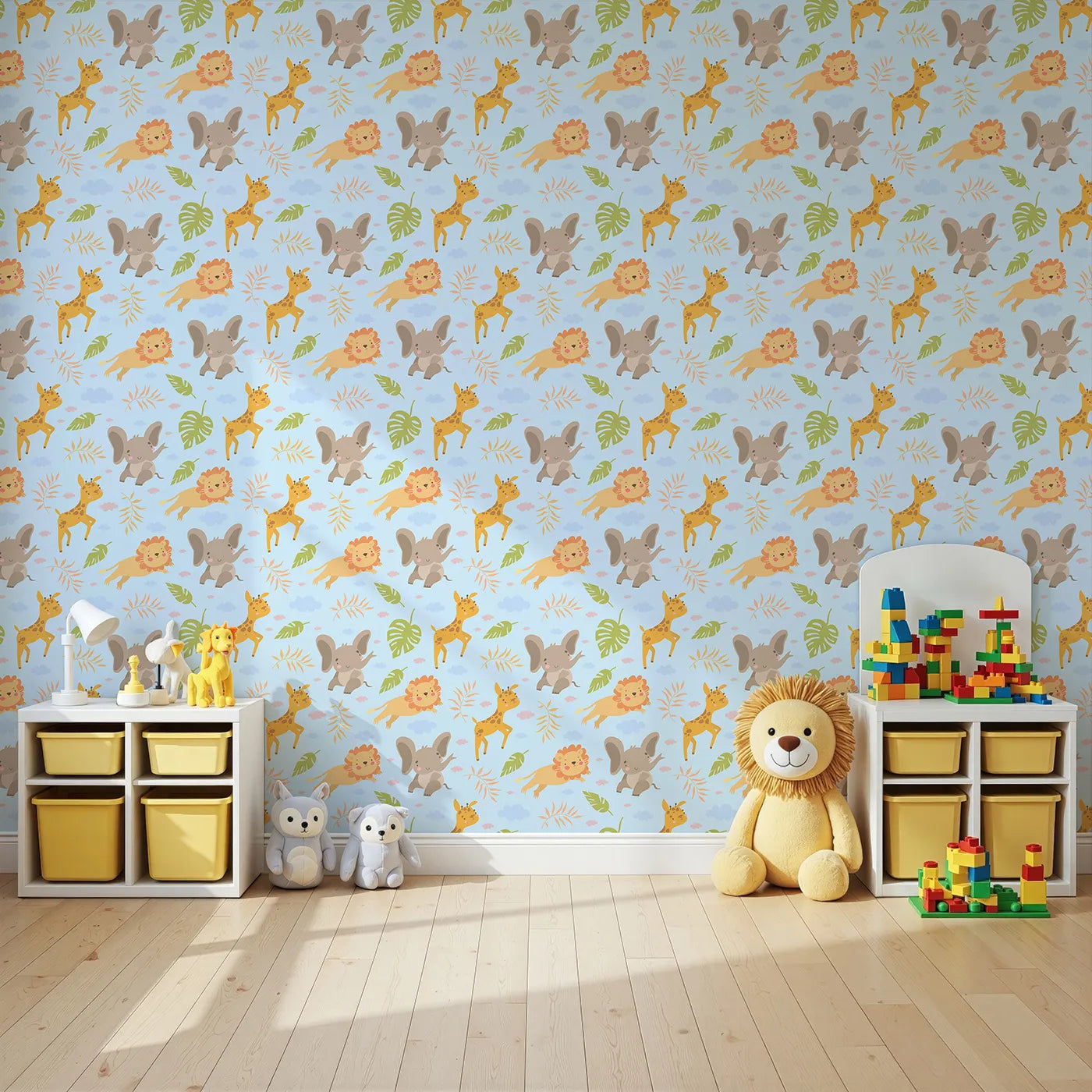 Angled view of Whimsy Tots' Jungle Leaf Pals Wallpaper in Blue (W3186E).Cuddly lions, elephants, and giraffes play beneath leafy skies.