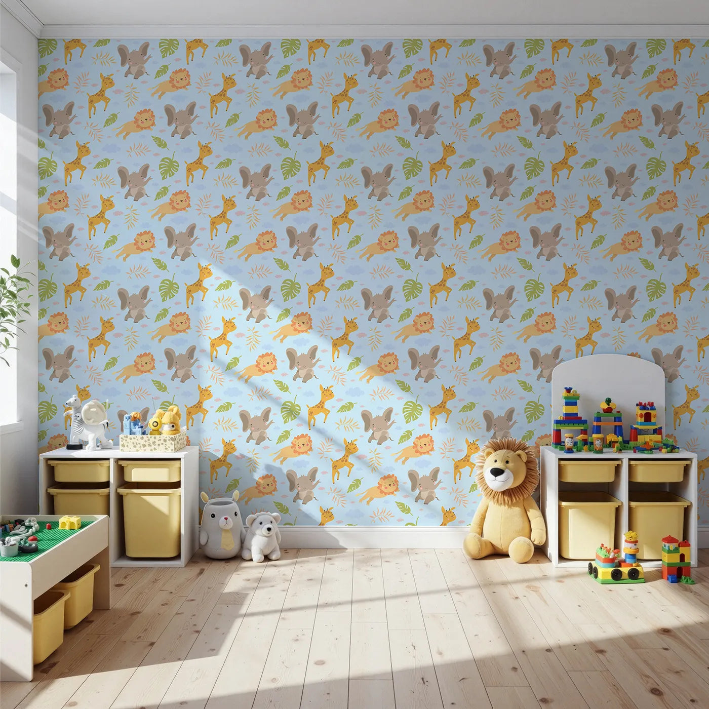 Front view of Whimsy Tots' Jungle Leaf Pals Wallpaper in Blue