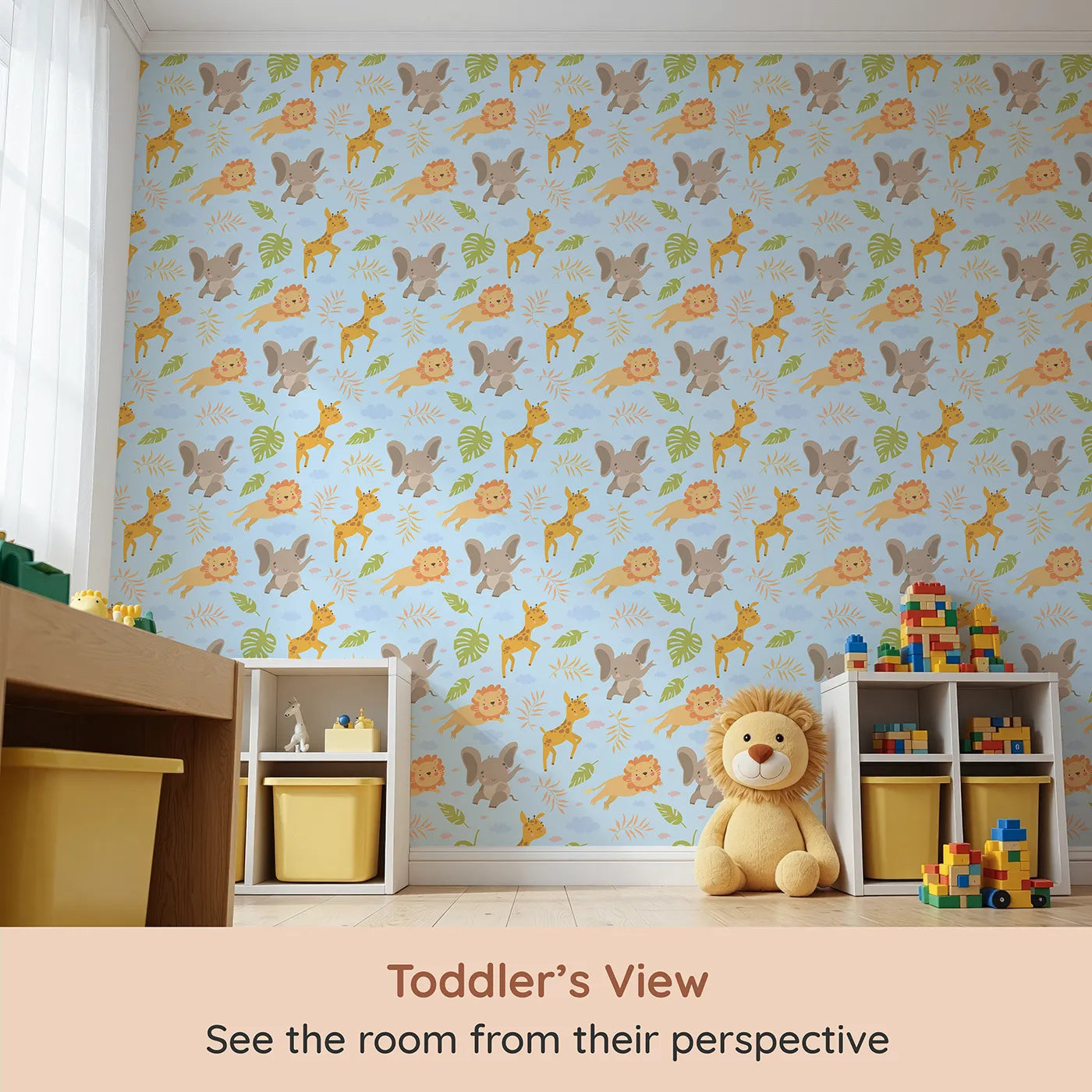 Whimsy Tots Jungle Leaf Pals Wallpaper in Blue (W3186E) from your child's view.Cuddly lions, elephants, and giraffes play beneath leafy skies.