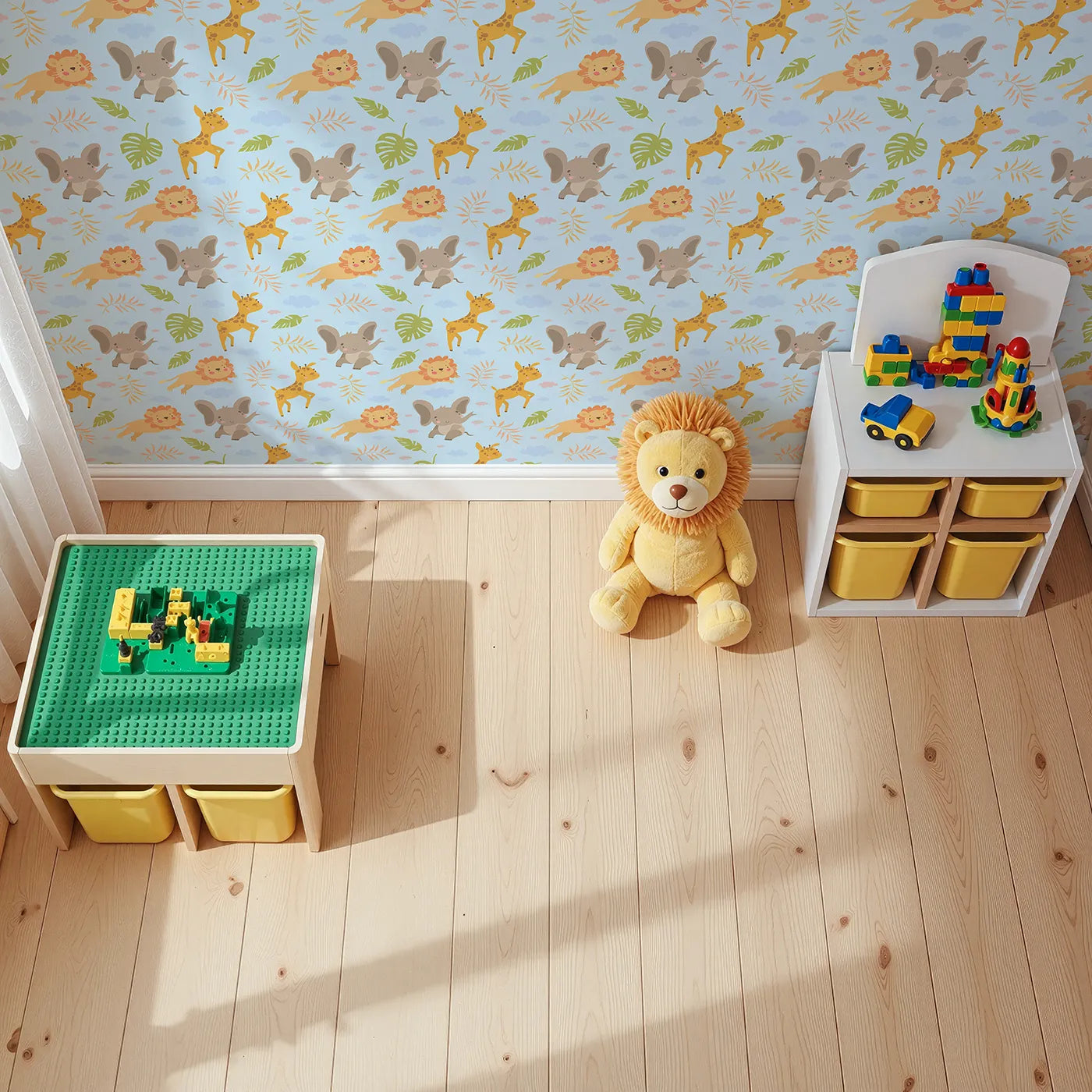 Top-Down view of Whimsy Tots' Jungle Leaf Pals Wallpaper in Blue (W3186E).Cuddly lions, elephants, and giraffes play beneath leafy skies.