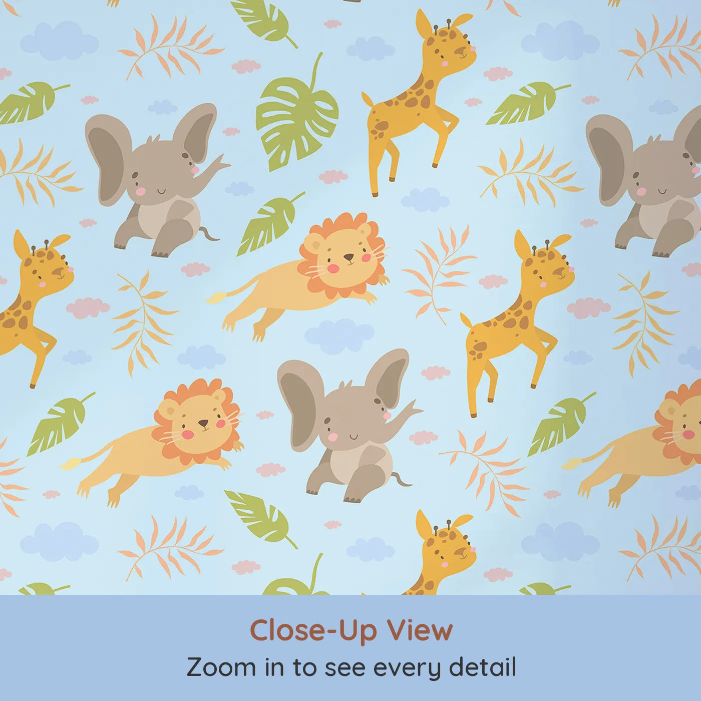 Close-up view of Whimsy Tots' Jungle Leaf Pals Wallpaper in Blue (W3186E).Cuddly lions, elephants, and giraffes play beneath leafy skies.