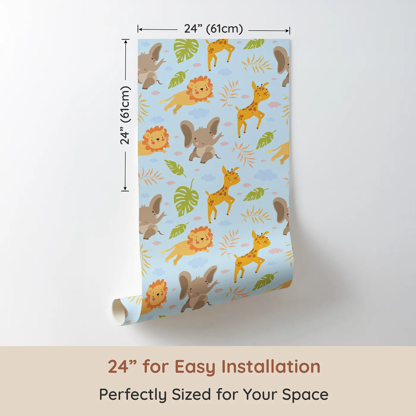 Dimension view of Whimsy Tots Jungle Leaf Pals Wallpaper in Blue (W3186E). Printed in 24-inch-wide panel for easy installation. Cuddly lions, elephants, and giraffes play beneath leafy skies.