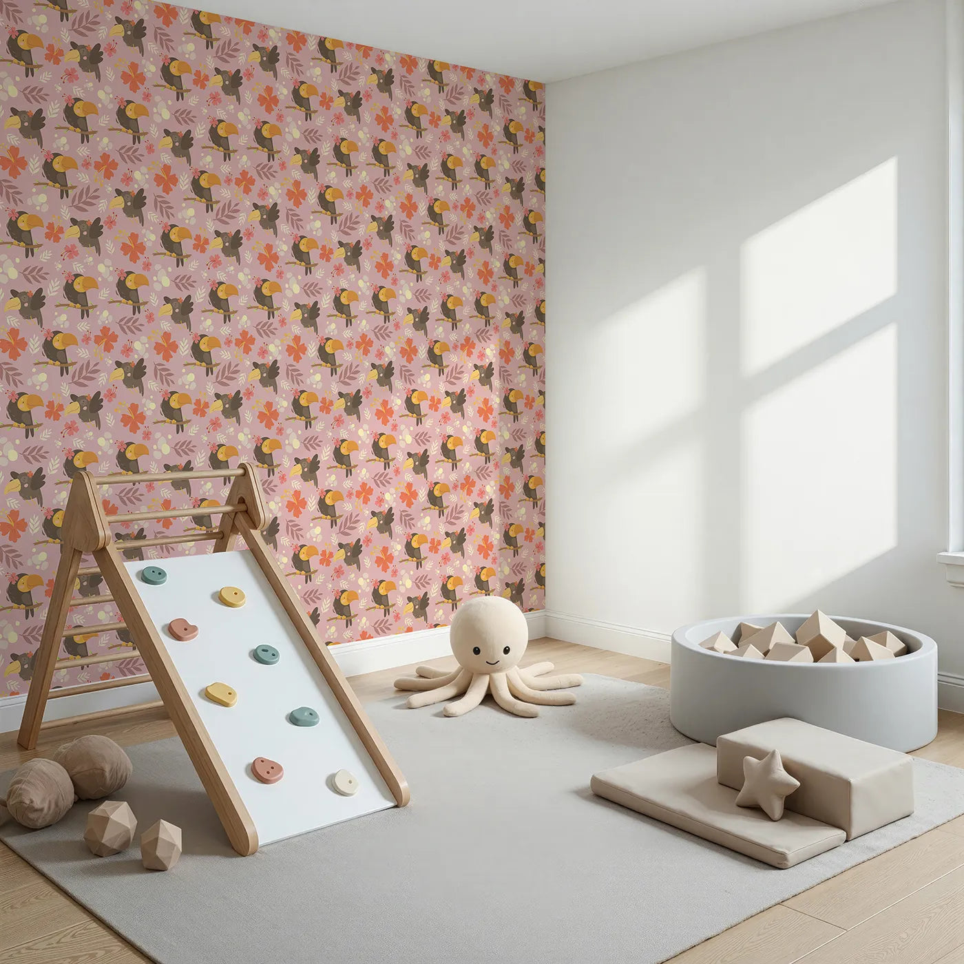 Angled view of Whimsy Tots' Tropical Toucan Friends Wallpaper in Pink (W3187A).Smiling toucans bloom with flowers and friendship in every corner.