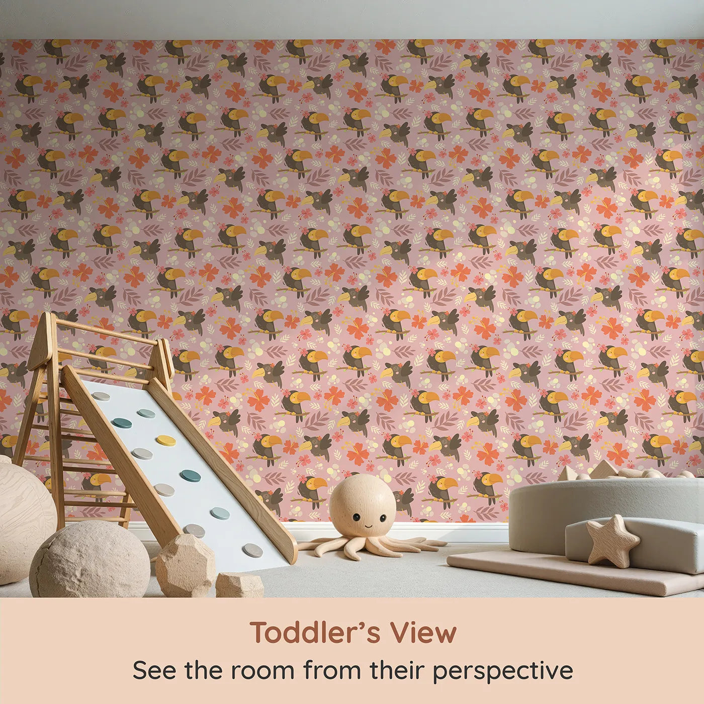 Whimsy Tots Tropical Toucan Friends Wallpaper in Pink (W3187A) from your child's view.Smiling toucans bloom with flowers and friendship in every corner.