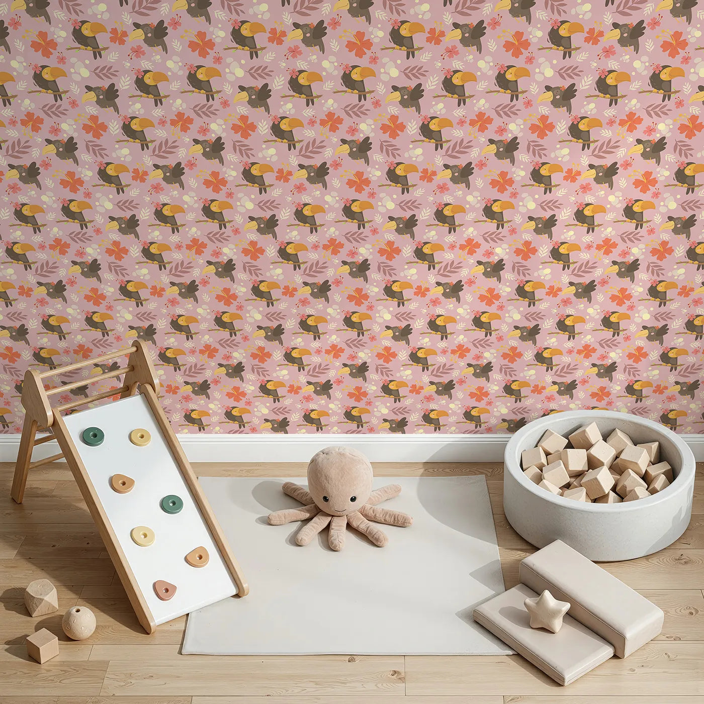 Top-Down view of Whimsy Tots' Tropical Toucan Friends Wallpaper in Pink (W3187A).Smiling toucans bloom with flowers and friendship in every corner.
