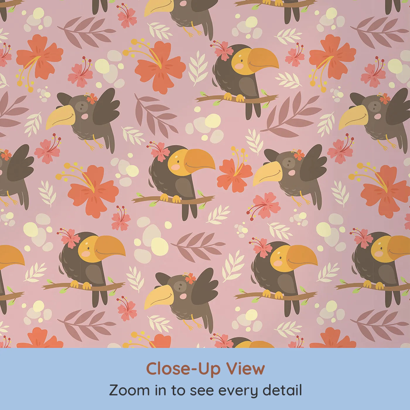 Close-up view of Whimsy Tots' Tropical Toucan Friends Wallpaper in Pink (W3187A).Smiling toucans bloom with flowers and friendship in every corner.