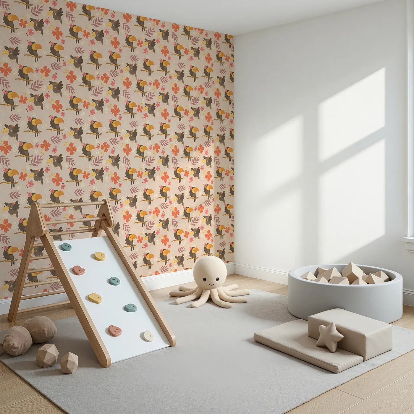 Angled view of Whimsy Tots' Tropical Toucan Friends Wallpaper in Cream (W3187B).Smiling toucans bloom with flowers and friendship in every corner.