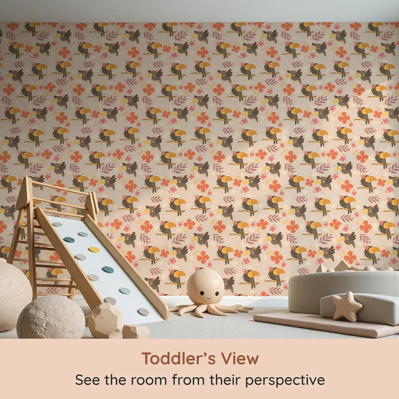 Whimsy Tots Tropical Toucan Friends Wallpaper in Cream (W3187B) from your child's view.Smiling toucans bloom with flowers and friendship in every corner.