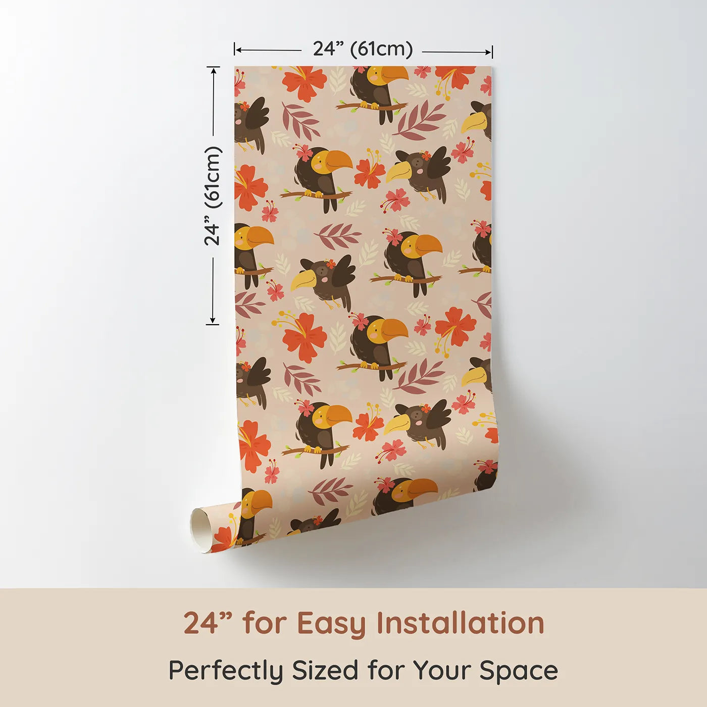 Dimension view of Whimsy Tots Tropical Toucan Friends Wallpaper in Cream (W3187B). Printed in 24-inch-wide panel for easy installation. Smiling toucans bloom with flowers and friendship in every corner.