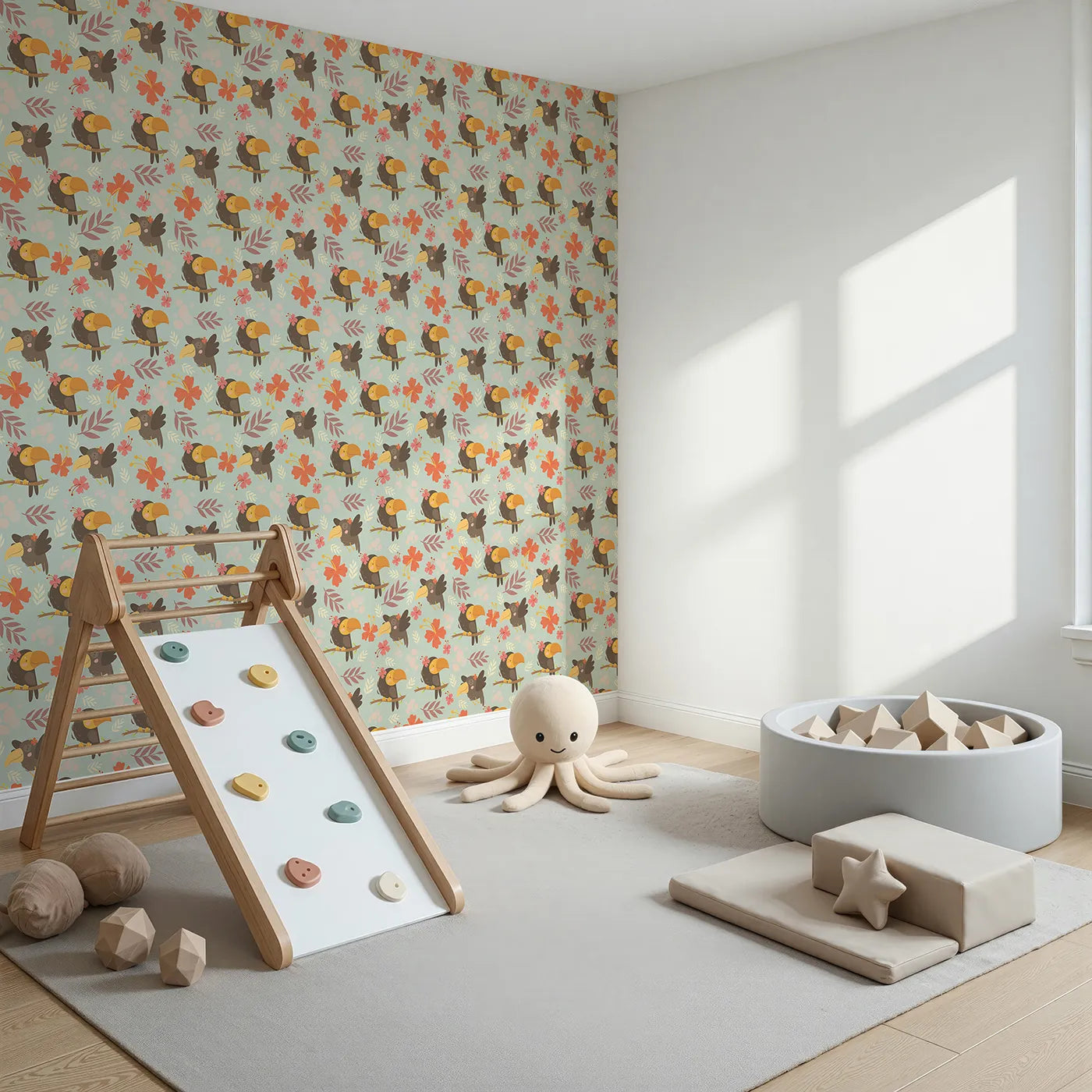 Angled view of Whimsy Tots' Tropical Toucan Friends Wallpaper in Mint Green (W3187C).Smiling toucans bloom with flowers and friendship in every corner.