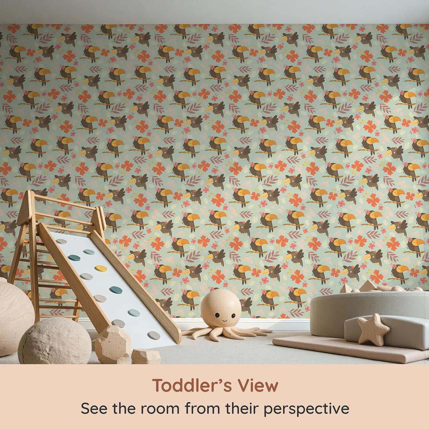 Whimsy Tots Tropical Toucan Friends Wallpaper in Mint Green (W3187C) from your child's view.Smiling toucans bloom with flowers and friendship in every corner.