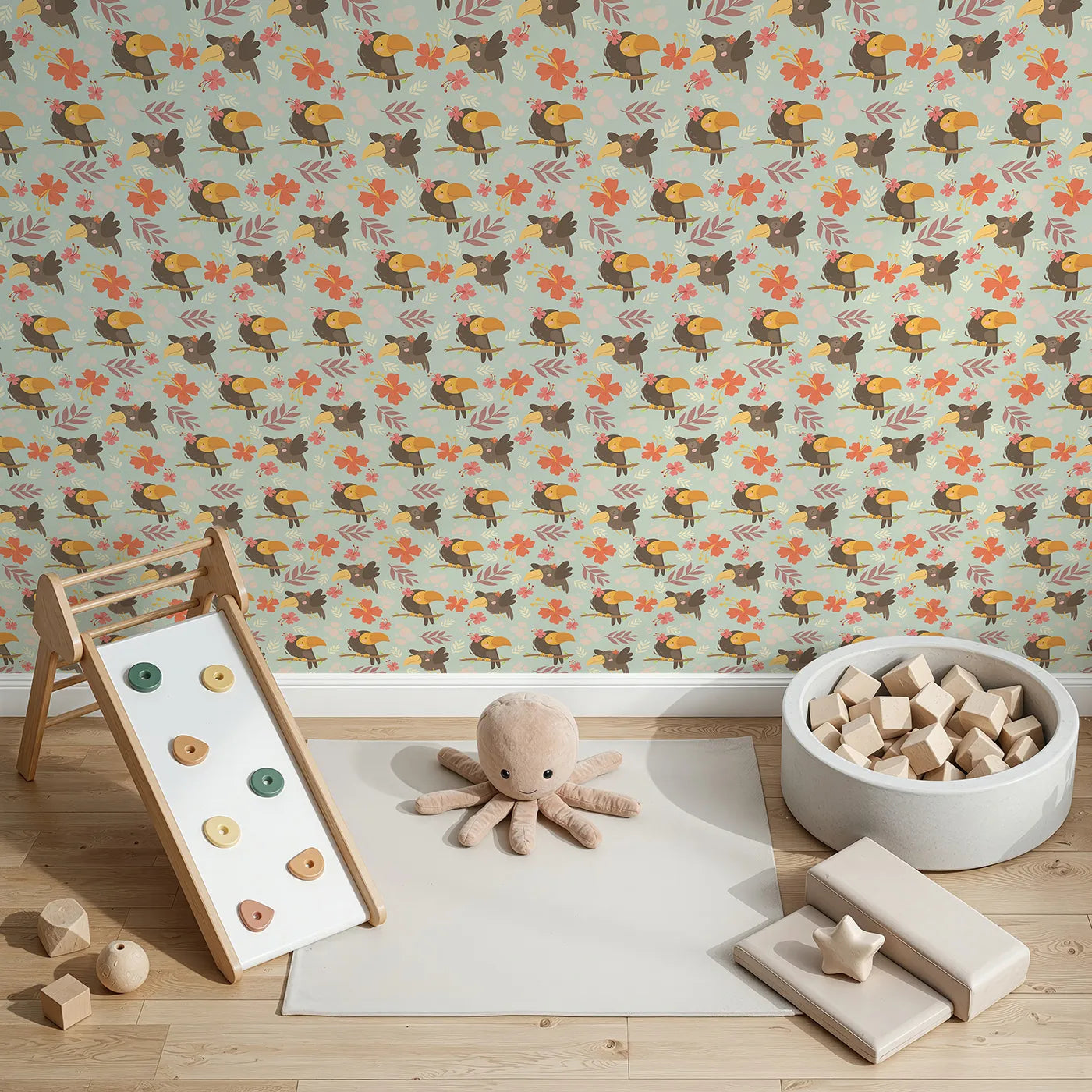 Top-Down view of Whimsy Tots' Tropical Toucan Friends Wallpaper in Mint Green (W3187C).Smiling toucans bloom with flowers and friendship in every corner.
