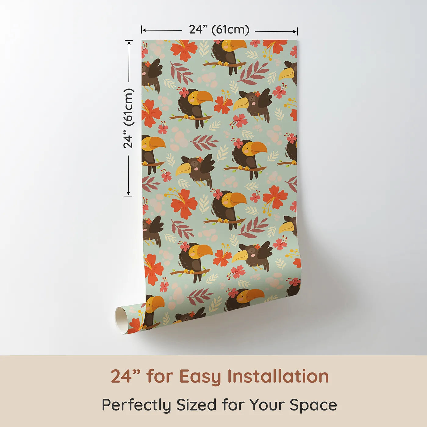 Dimension view of Whimsy Tots Tropical Toucan Friends Wallpaper in Mint Green (W3187C). Printed in 24-inch-wide panel for easy installation. Smiling toucans bloom with flowers and friendship in every corner.