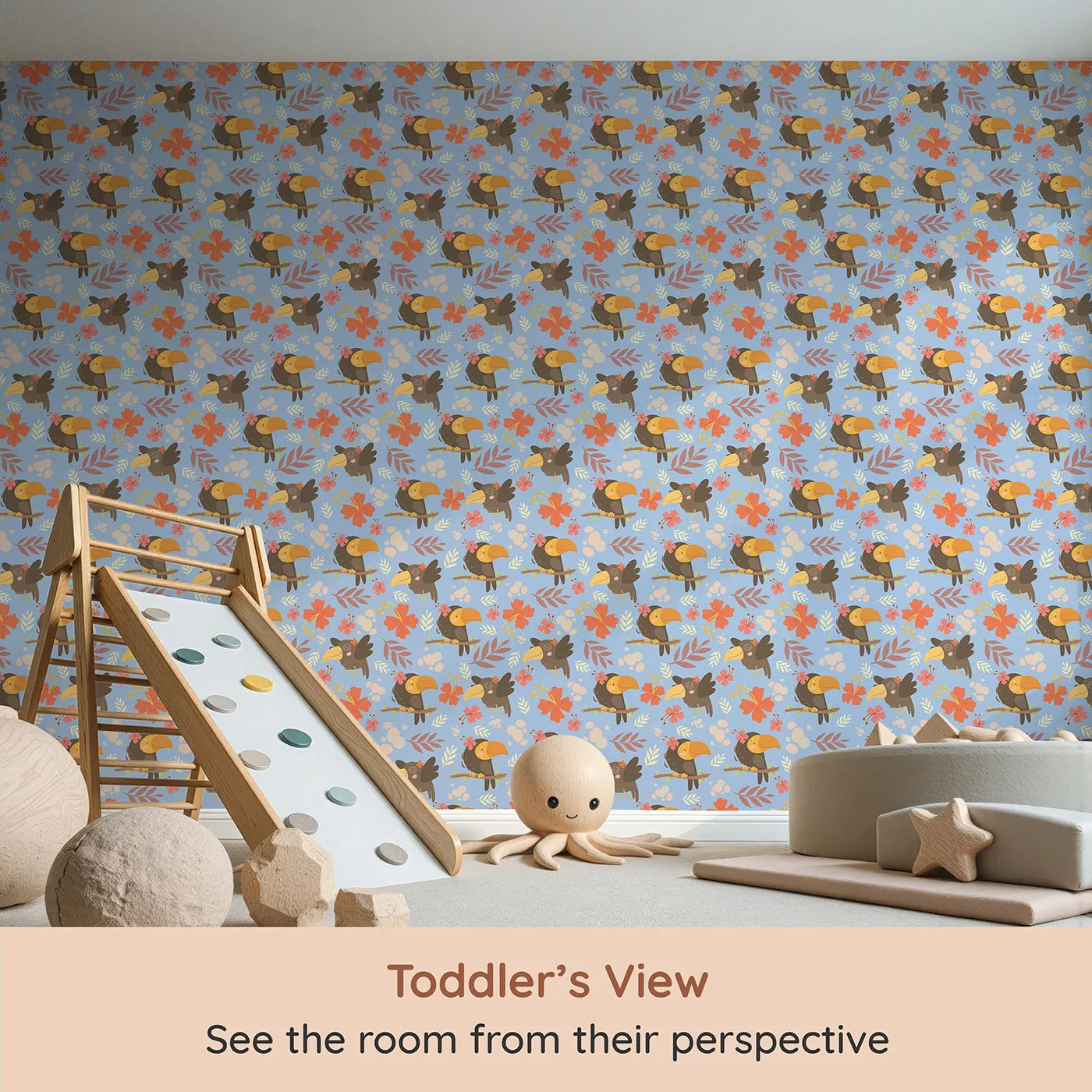Whimsy Tots Tropical Toucan Friends Wallpaper in Blue (W3187D) from your child's view.Smiling toucans bloom with flowers and friendship in every corner.