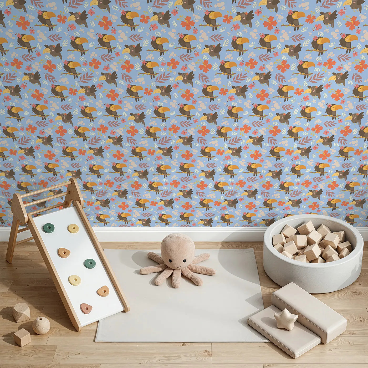 Top-Down view of Whimsy Tots' Tropical Toucan Friends Wallpaper in Blue (W3187D).Smiling toucans bloom with flowers and friendship in every corner.