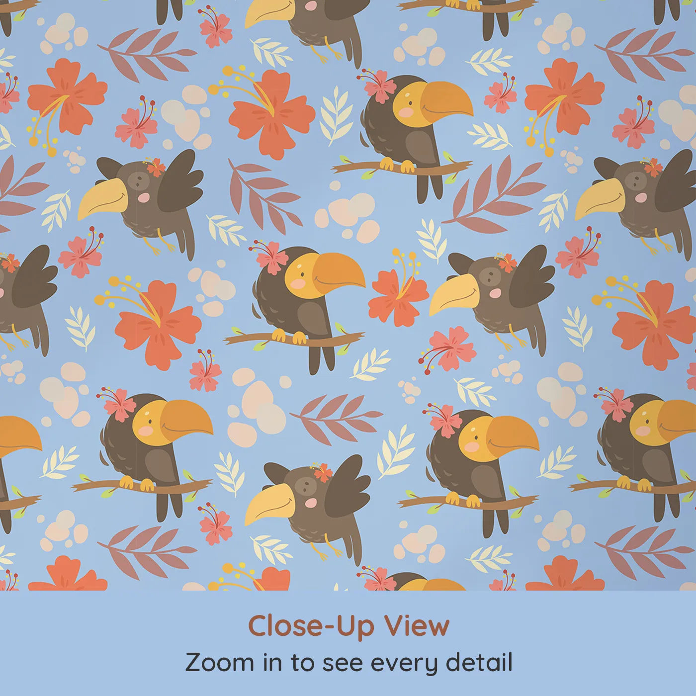 Close-up view of Whimsy Tots' Tropical Toucan Friends Wallpaper in Blue (W3187D).Smiling toucans bloom with flowers and friendship in every corner.