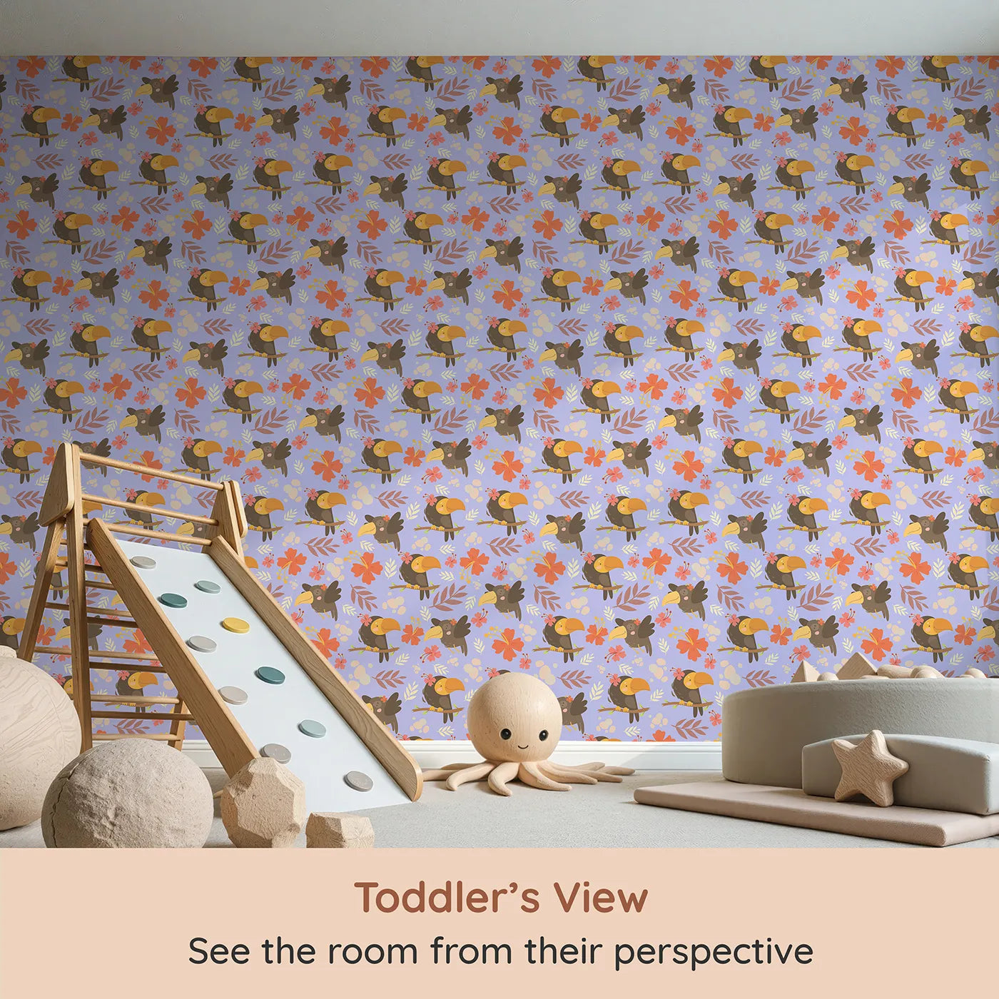 Whimsy Tots Tropical Toucan Friends Wallpaper in Lavender (W3187E) from your child's view.Smiling toucans bloom with flowers and friendship in every corner.