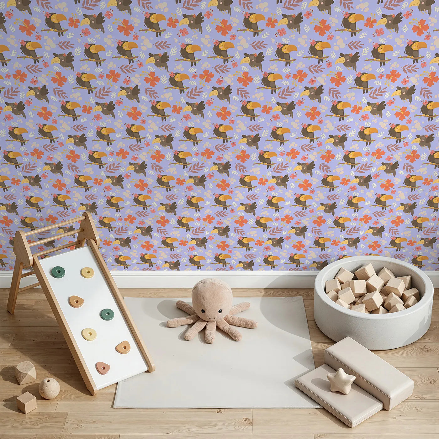 Top-Down view of Whimsy Tots' Tropical Toucan Friends Wallpaper in Lavender (W3187E).Smiling toucans bloom with flowers and friendship in every corner.