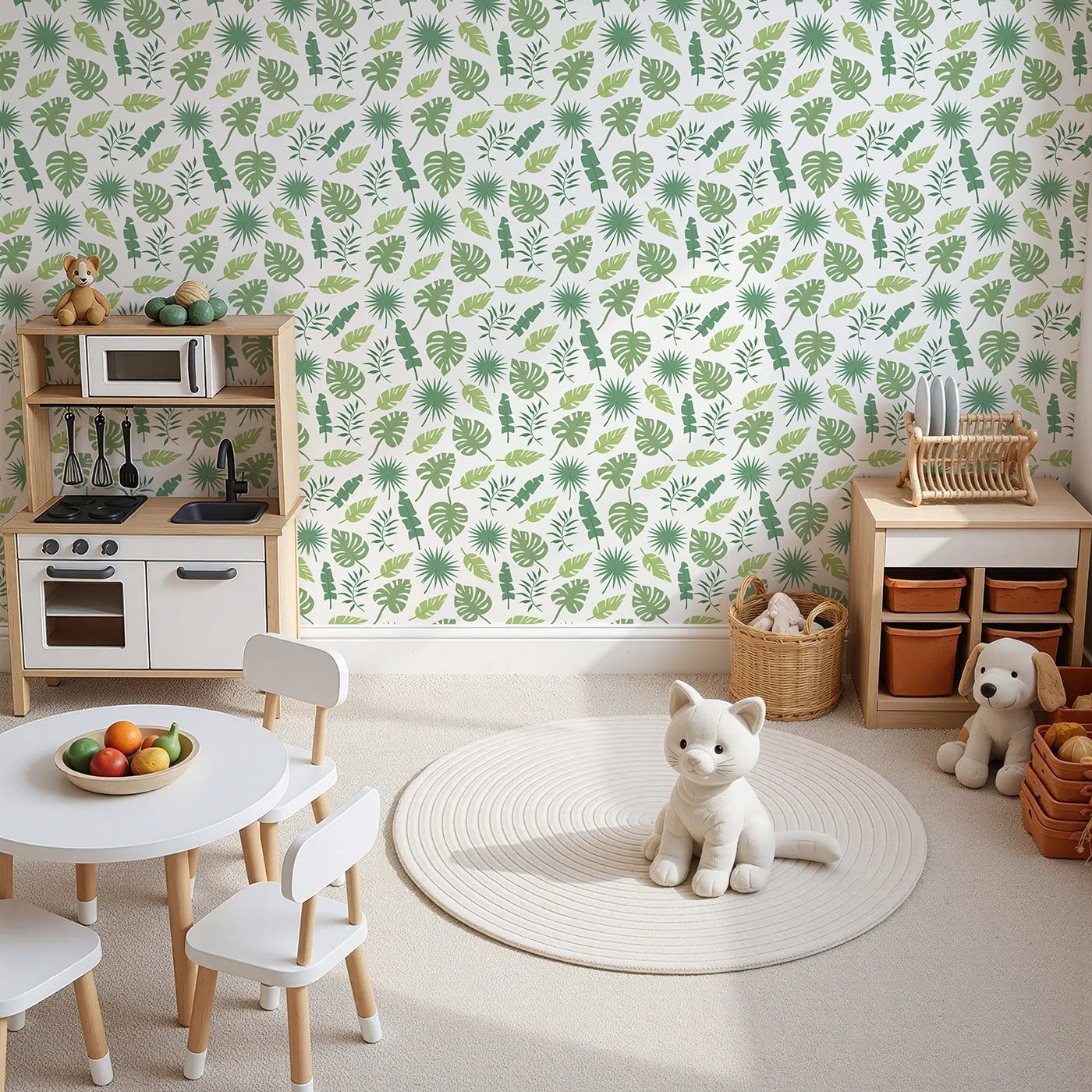 Top-Down view of Whimsy Tots' Tropical Leaf Mix Wallpaper in White (W3188A).A playful tumble of green jungle leaves on bright white brings breezy joy.