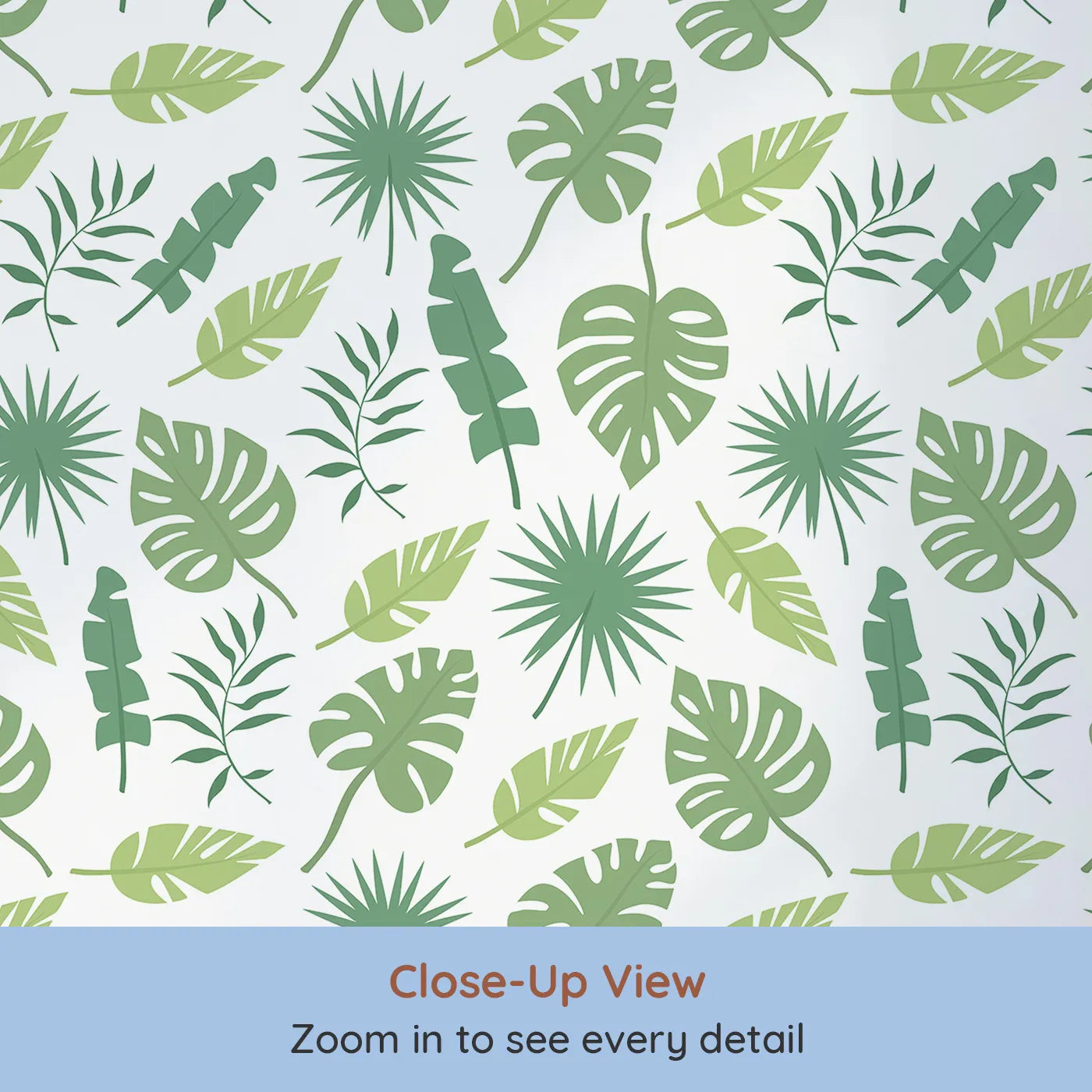 Close-up view of Whimsy Tots' Tropical Leaf Mix Wallpaper in White (W3188A).A playful tumble of green jungle leaves on bright white brings breezy joy.