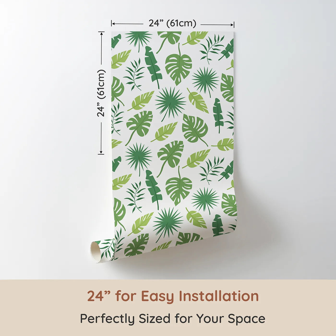 Dimension view of Whimsy Tots Tropical Leaf Mix Wallpaper in White (W3188A). Printed in 24-inch-wide panel for easy installation. A playful tumble of green jungle leaves on bright white brings breezy joy.