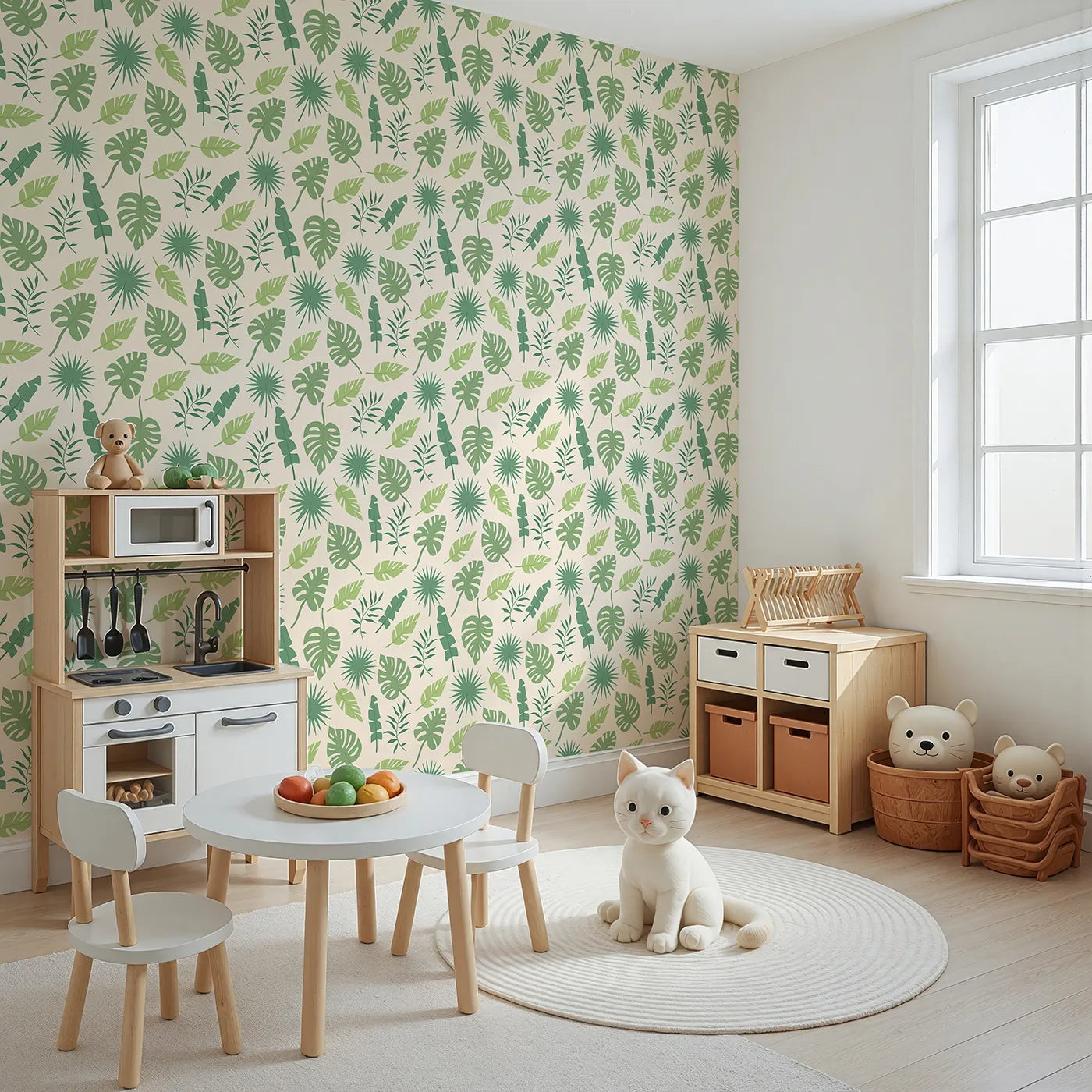 Angled view of Whimsy Tots' Tropical Leaf Mix Wallpaper in Cream (W3188B).Layered tropical greens bring leafy charm to every corner.