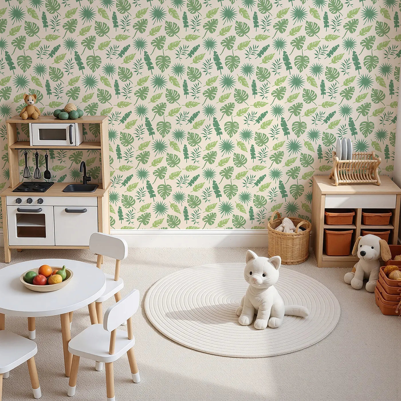 Top-Down view of Whimsy Tots' Tropical Leaf Mix Wallpaper in Cream (W3188B).Layered tropical greens bring leafy charm to every corner.
