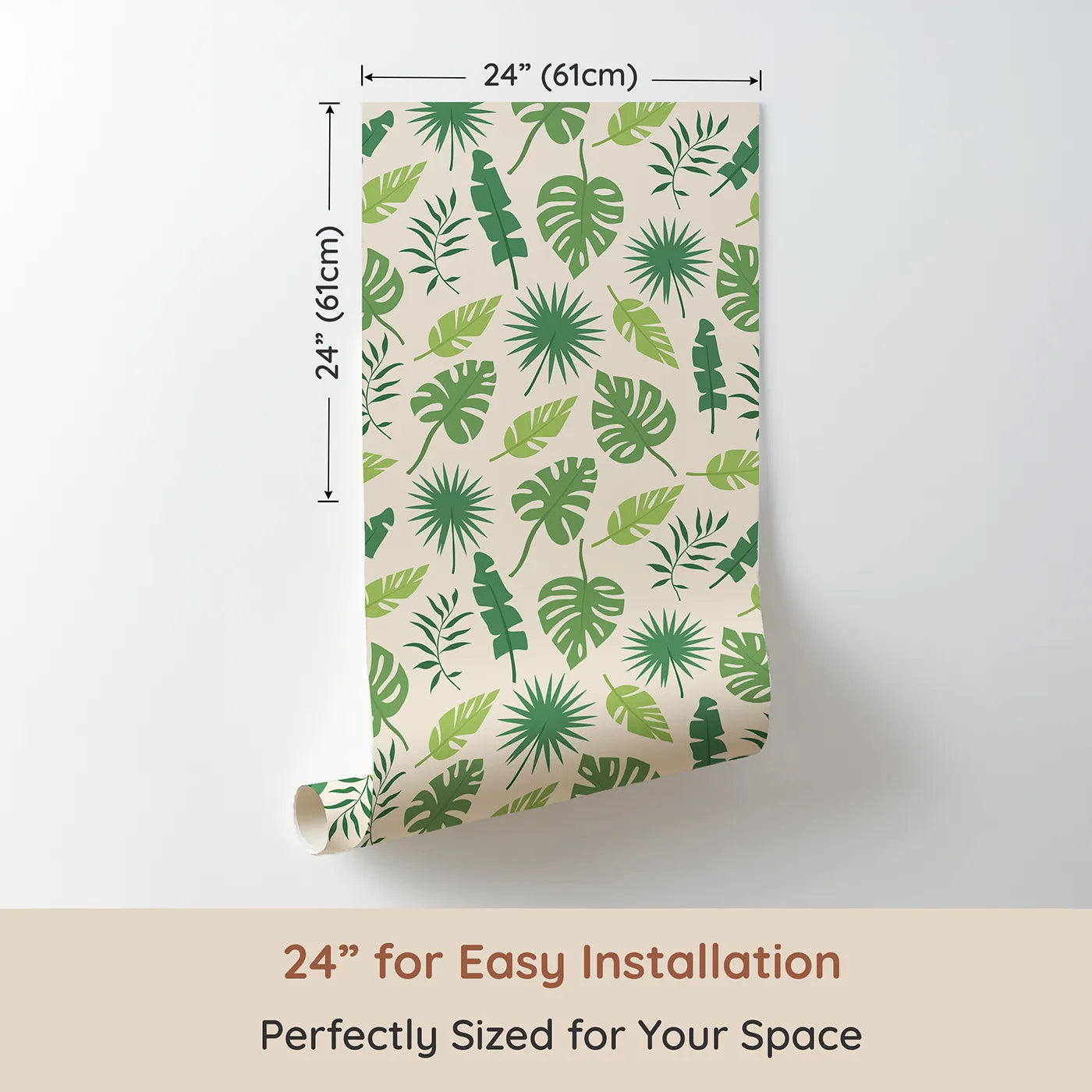 Dimension view of Whimsy Tots Tropical Leaf Mix Wallpaper in Cream (W3188B). Printed in 24-inch-wide panel for easy installation. Layered tropical greens bring leafy charm to every corner.