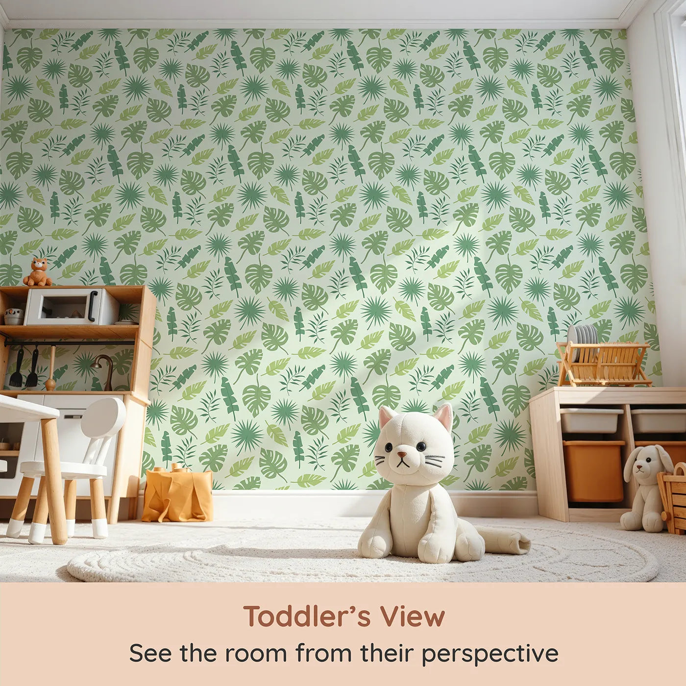 Whimsy Tots Tropical Leaf Mix Wallpaper in Mint Green (W3188C) from your child's view.Layered tropical greens bring leafy charm to every corner.