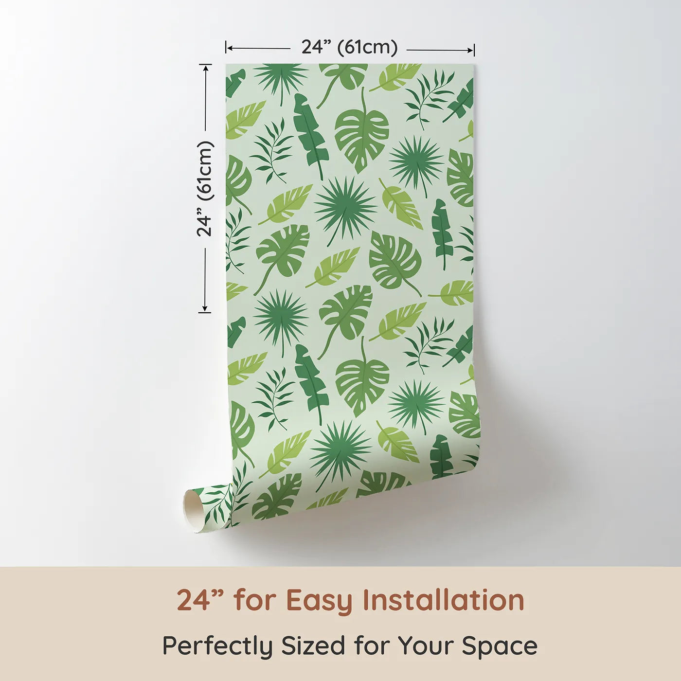 Dimension view of Whimsy Tots Tropical Leaf Mix Wallpaper in Mint Green (W3188C). Printed in 24-inch-wide panel for easy installation. Layered tropical greens bring leafy charm to every corner.