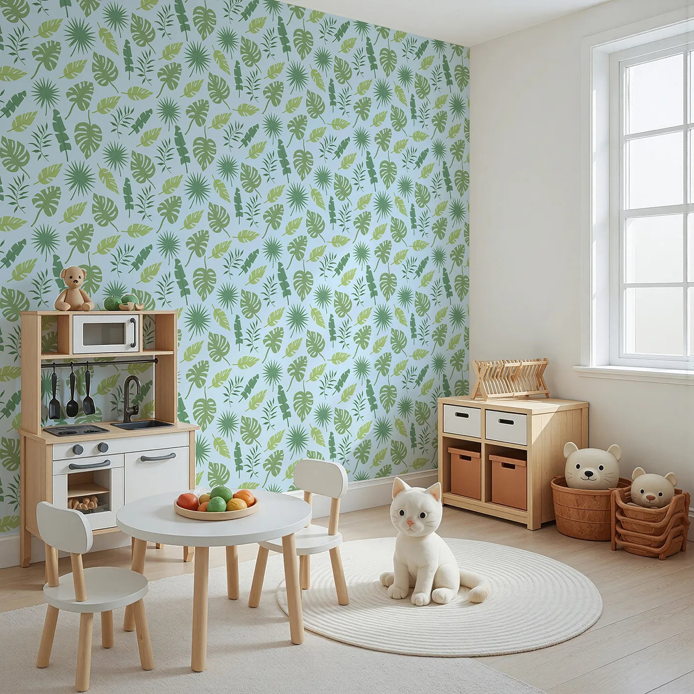 Angled view of Whimsy Tots' Tropical Leaf Mix Wallpaper in Blue (W3188D).Layered tropical greens bring leafy charm to every corner.