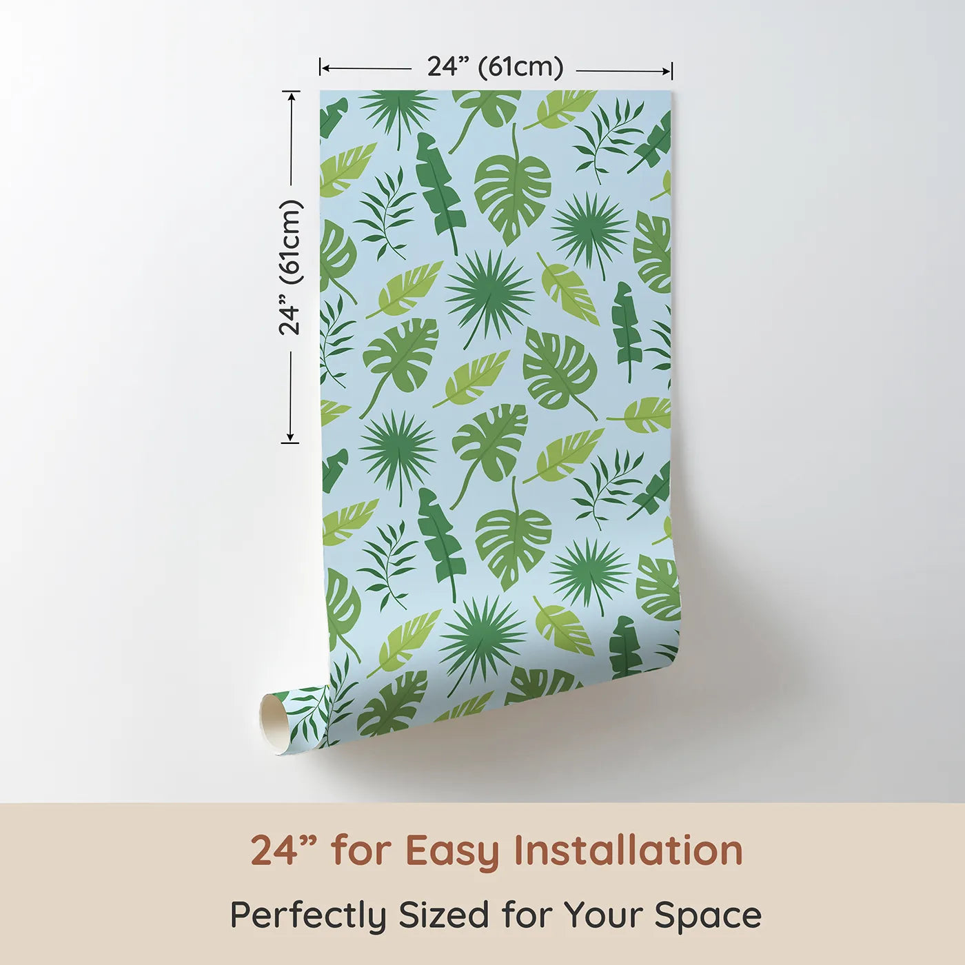 Dimension view of Whimsy Tots Tropical Leaf Mix Wallpaper in Blue (W3188D). Printed in 24-inch-wide panel for easy installation. Layered tropical greens bring leafy charm to every corner.