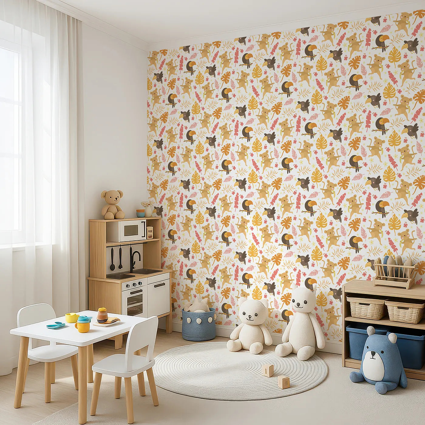 Angled view of Whimsy Tots' Monkey Banana Jungle Wallpaper in White (W3189A).Cheeky monkeys, colorful toucans, and dancing leaves fill every corner with laughter.