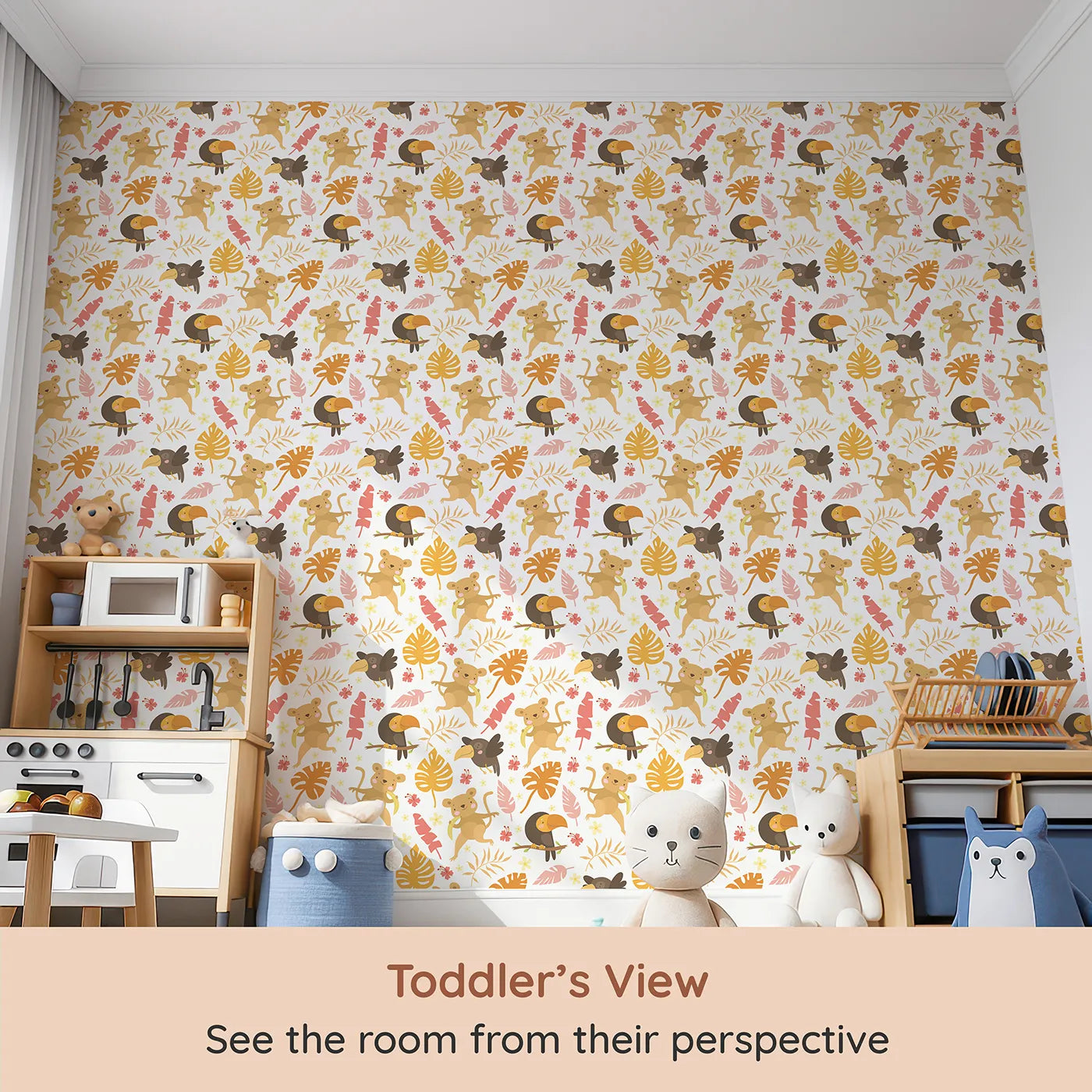 Whimsy Tots Monkey Banana Jungle Wallpaper in White (W3189A) from your child's view.Cheeky monkeys, colorful toucans, and dancing leaves fill every corner with laughter.