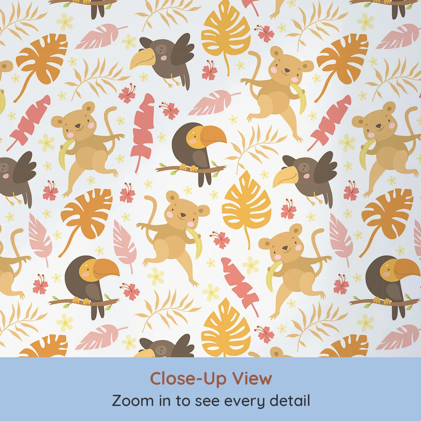 Close-up view of Whimsy Tots' Monkey Banana Jungle Wallpaper in White (W3189A).Cheeky monkeys, colorful toucans, and dancing leaves fill every corner with laughter.