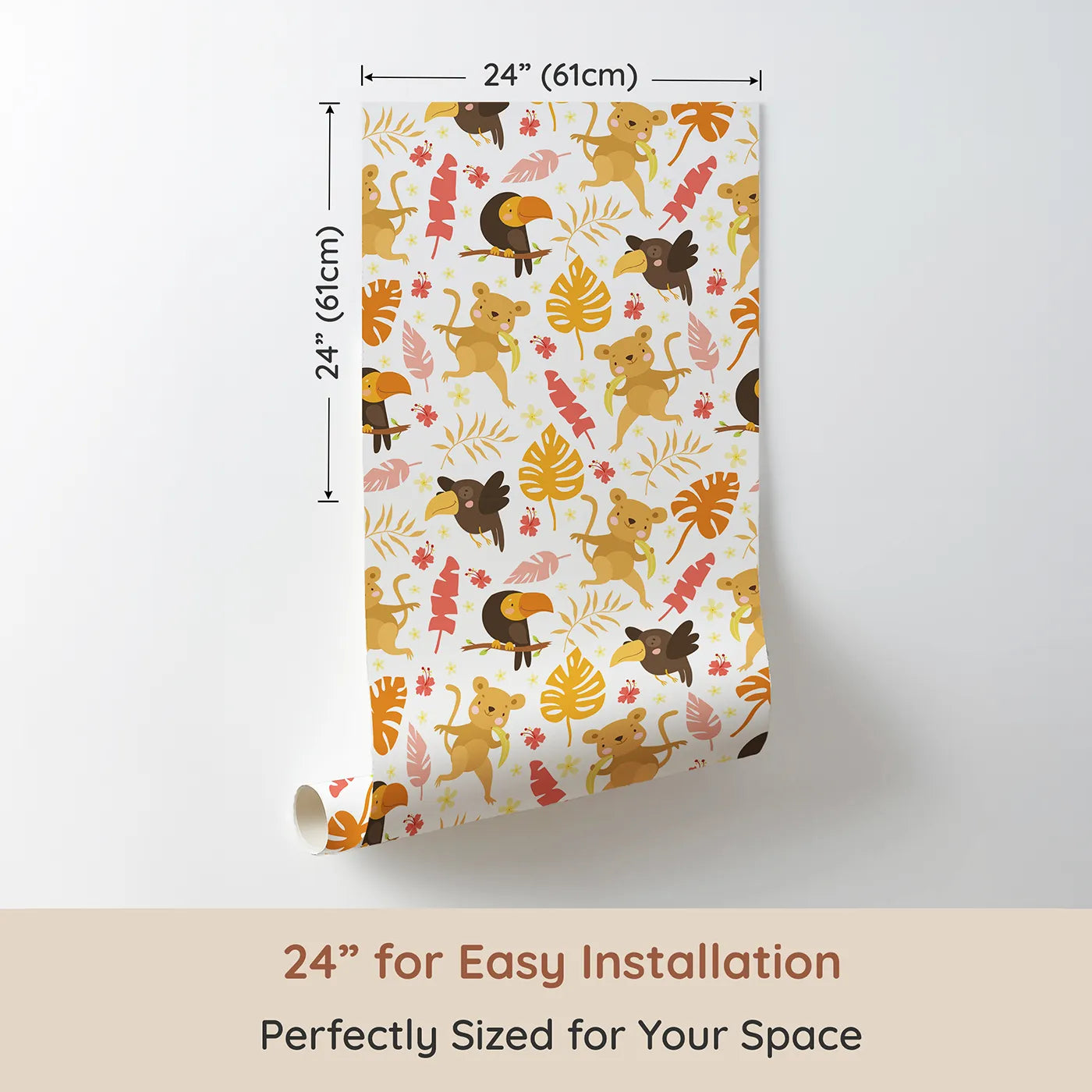Dimension view of Whimsy Tots Monkey Banana Jungle Wallpaper in White (W3189A). Printed in 24-inch-wide panel for easy installation. Cheeky monkeys, colorful toucans, and dancing leaves fill every corner with laughter.