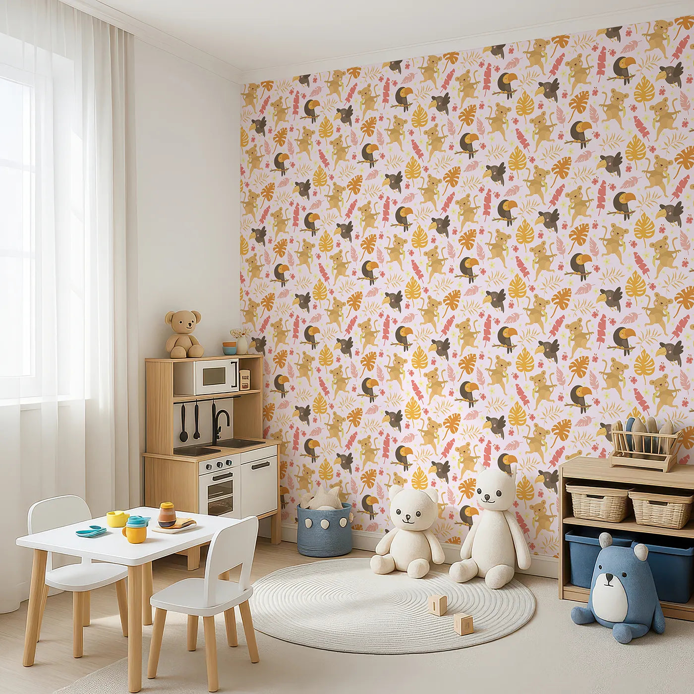 Angled view of Whimsy Tots' Monkey Banana Jungle Wallpaper in Pink (W3189B).Cheeky monkeys, colorful toucans, and dancing leaves fill every corner with laughter.