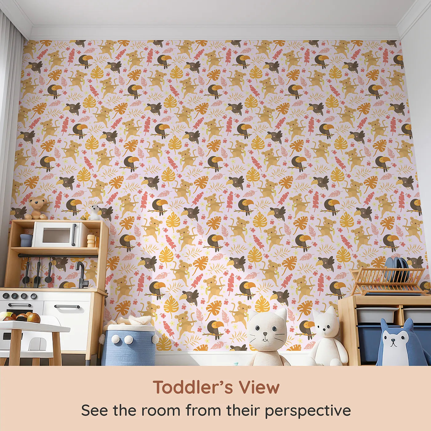 Whimsy Tots Monkey Banana Jungle Wallpaper in Pink (W3189B) from your child's view.Cheeky monkeys, colorful toucans, and dancing leaves fill every corner with laughter.