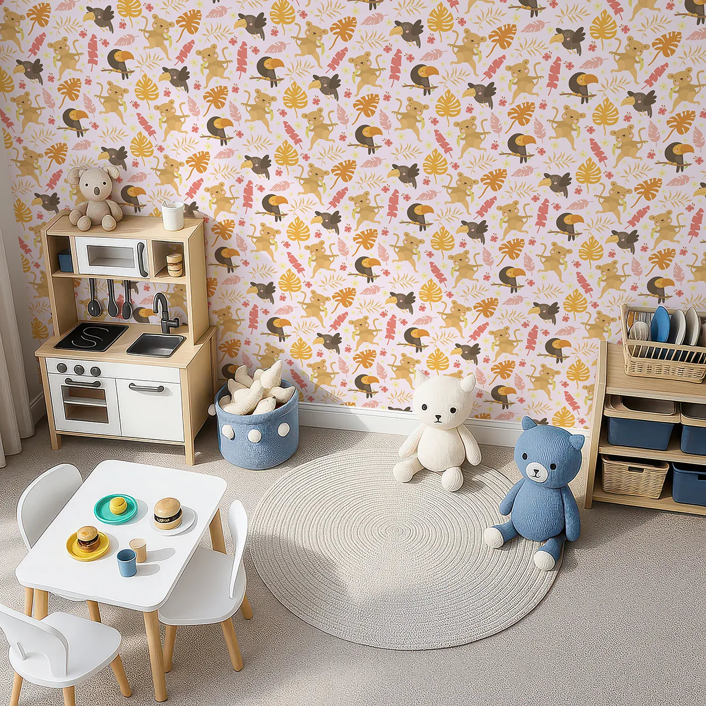 Top-Down view of Whimsy Tots' Monkey Banana Jungle Wallpaper in Pink (W3189B).Cheeky monkeys, colorful toucans, and dancing leaves fill every corner with laughter.