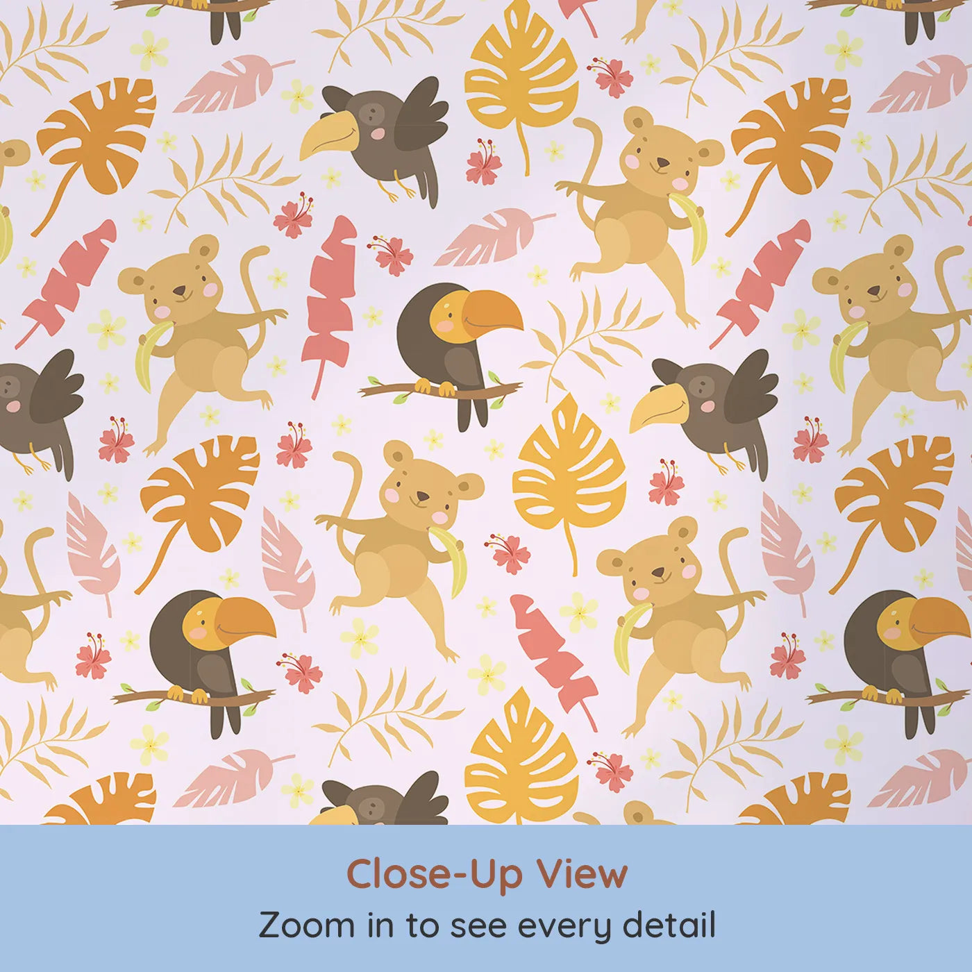 Close-up view of Whimsy Tots' Monkey Banana Jungle Wallpaper in Pink (W3189B).Cheeky monkeys, colorful toucans, and dancing leaves fill every corner with laughter.