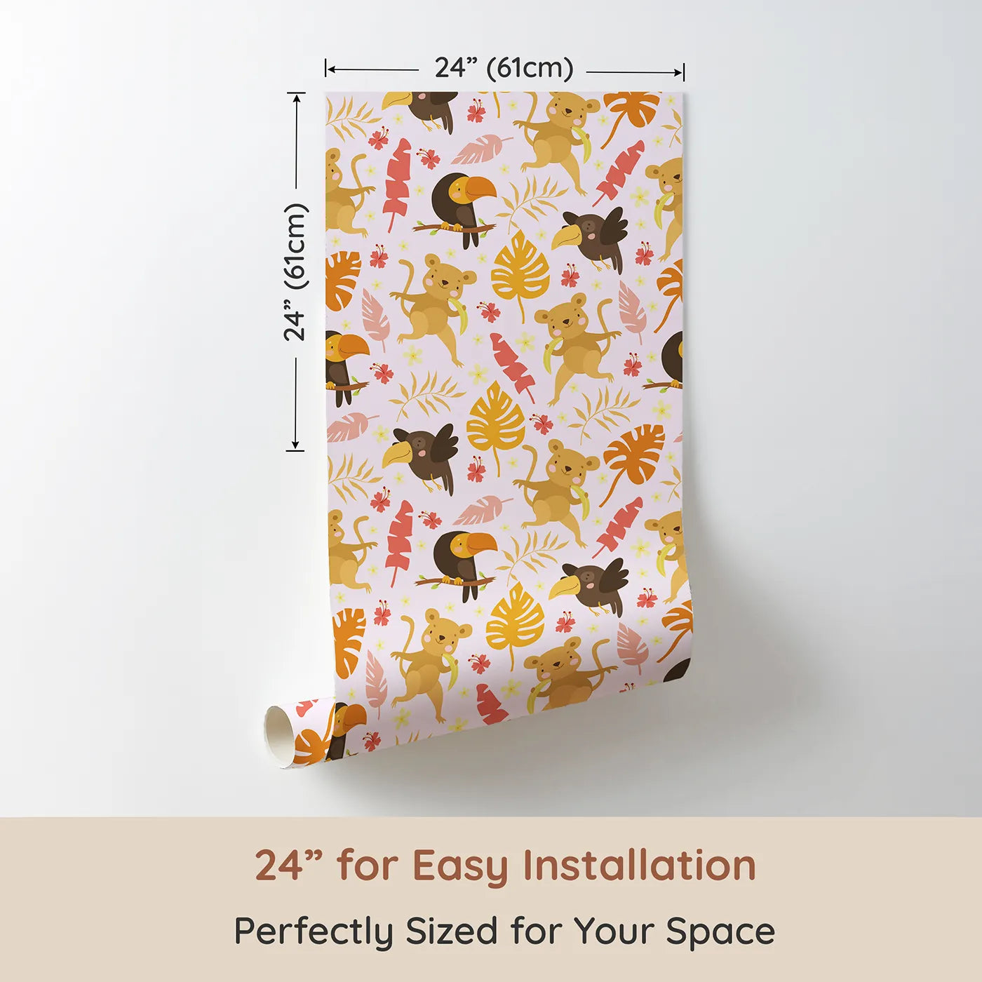Dimension view of Whimsy Tots Monkey Banana Jungle Wallpaper in Pink (W3189B). Printed in 24-inch-wide panel for easy installation. Cheeky monkeys, colorful toucans, and dancing leaves fill every corner with laughter.
