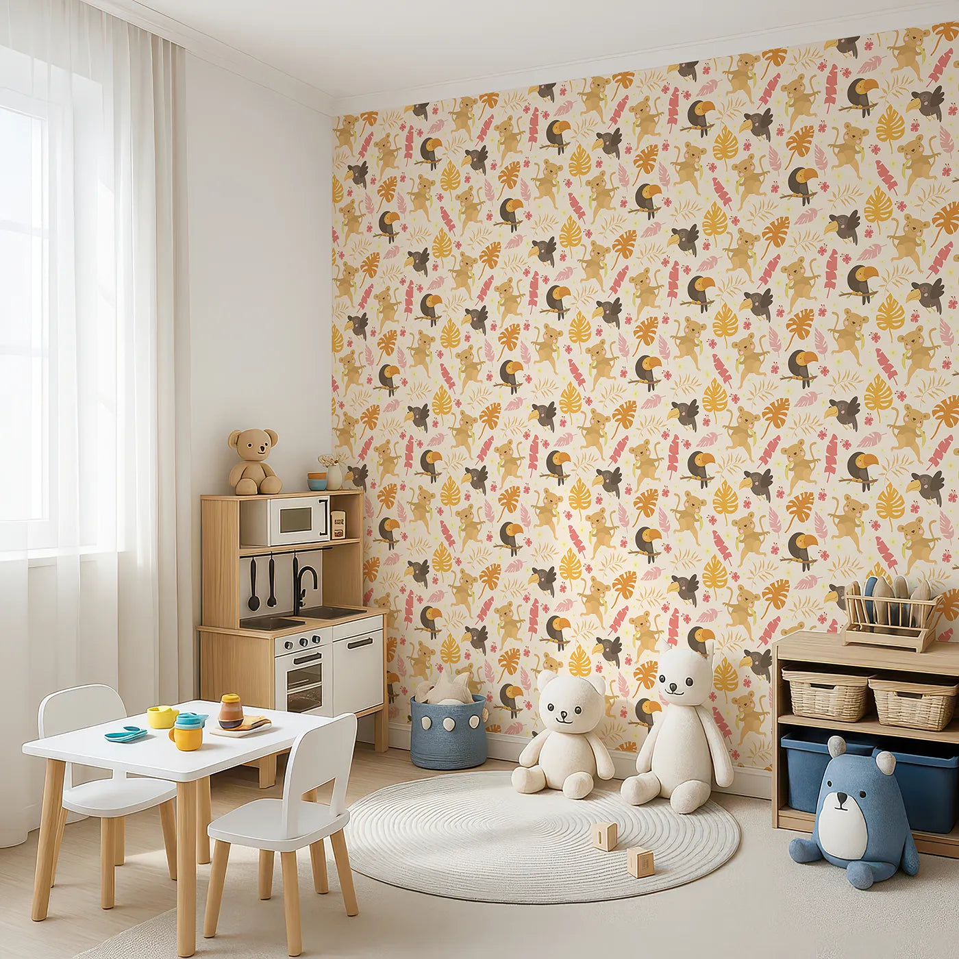 Angled view of Whimsy Tots' Monkey Banana Jungle Wallpaper in Cream (W3189C).Cheeky monkeys, colorful toucans, and dancing leaves fill every corner with laughter.