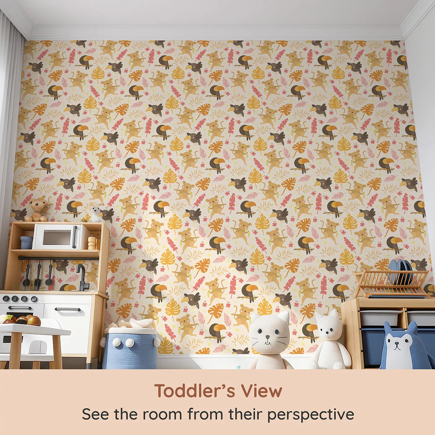 Whimsy Tots Monkey Banana Jungle Wallpaper in Cream (W3189C) from your child's view.Cheeky monkeys, colorful toucans, and dancing leaves fill every corner with laughter.