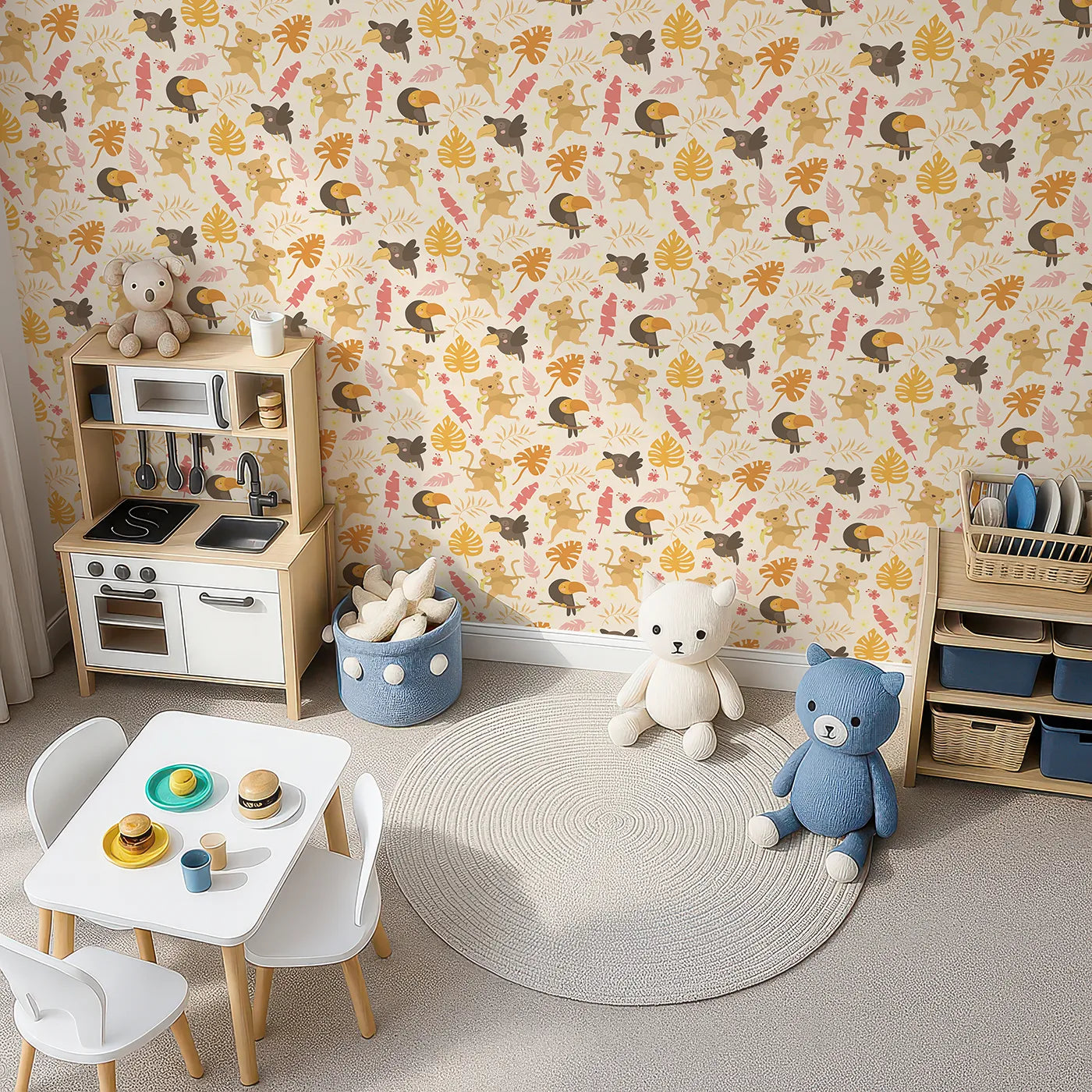 Top-Down view of Whimsy Tots' Monkey Banana Jungle Wallpaper in Cream (W3189C).Cheeky monkeys, colorful toucans, and dancing leaves fill every corner with laughter.