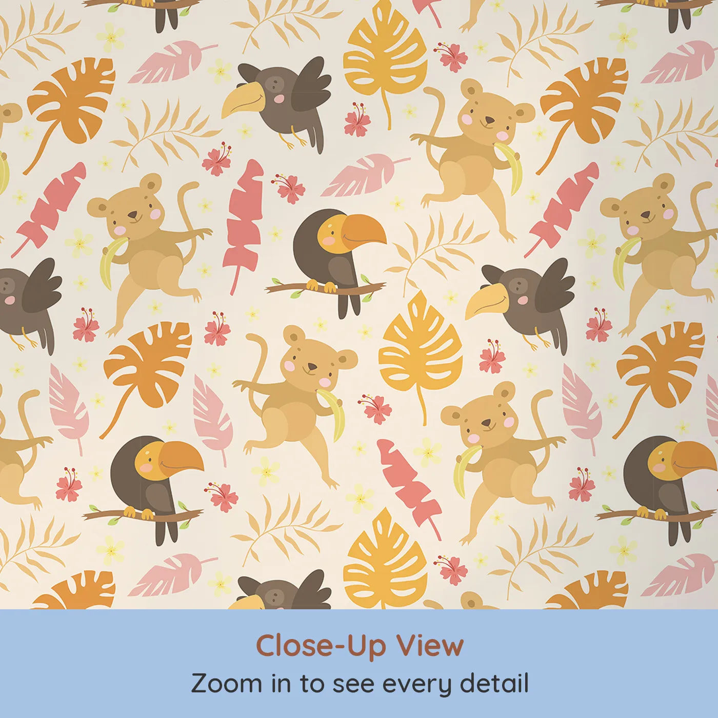 Close-up view of Whimsy Tots' Monkey Banana Jungle Wallpaper in Cream (W3189C).Cheeky monkeys, colorful toucans, and dancing leaves fill every corner with laughter.