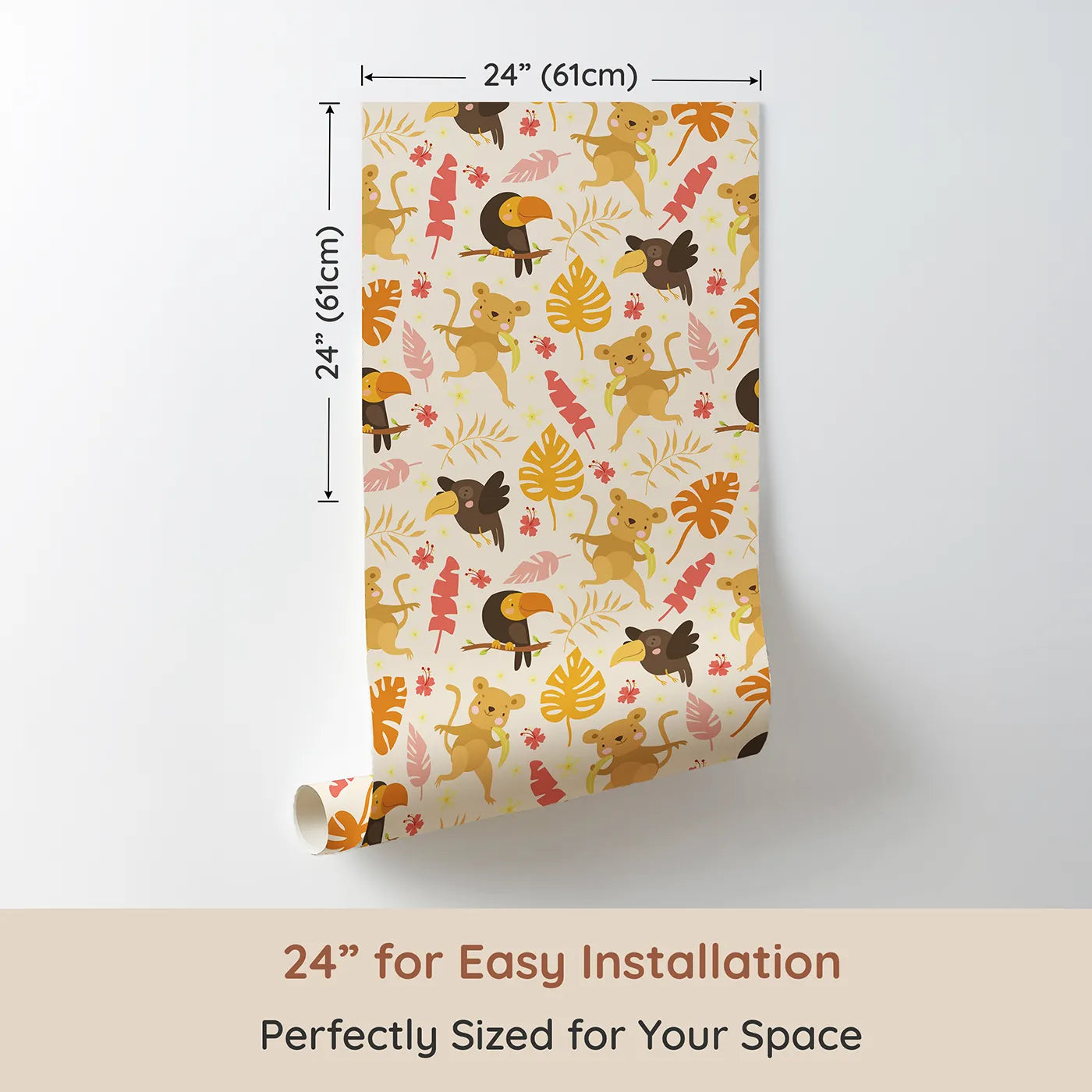 Dimension view of Whimsy Tots Monkey Banana Jungle Wallpaper in Cream (W3189C). Printed in 24-inch-wide panel for easy installation. Cheeky monkeys, colorful toucans, and dancing leaves fill every corner with laughter.