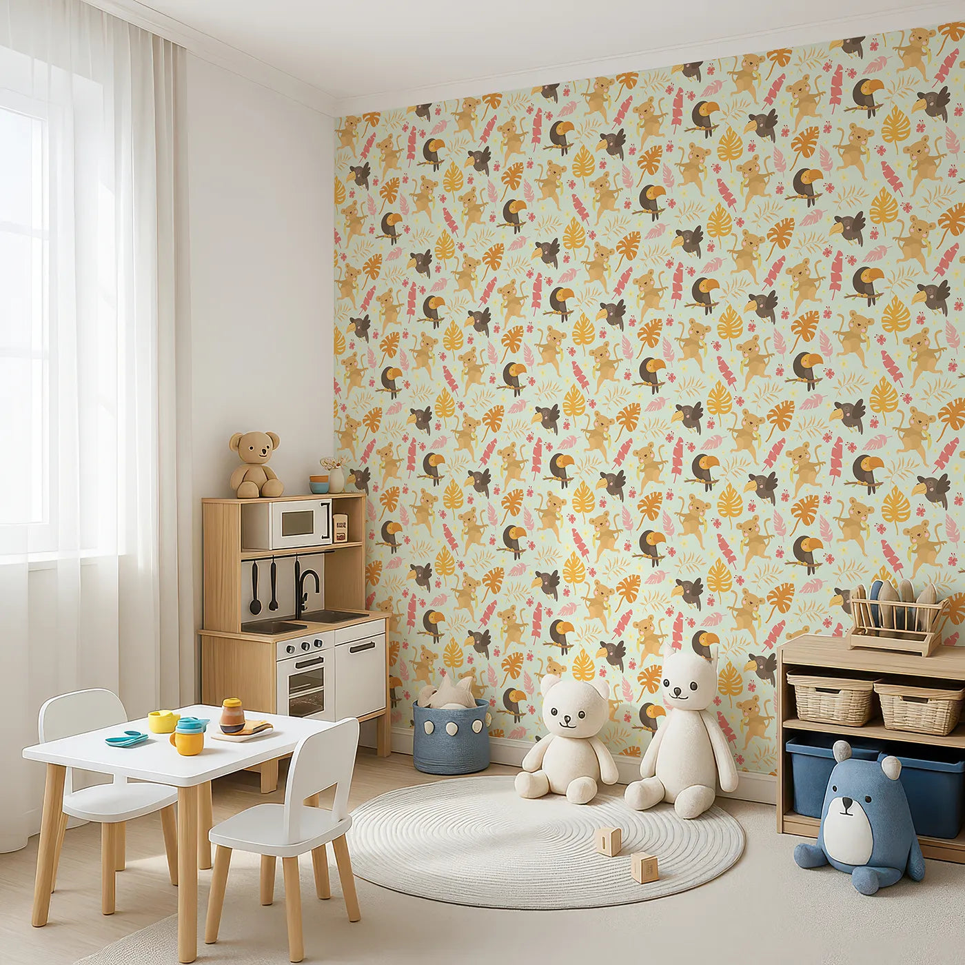 Angled view of Whimsy Tots' Monkey Banana Jungle Wallpaper in Mint Green (W3189D).Cheeky monkeys, colorful toucans, and dancing leaves fill every corner with laughter.