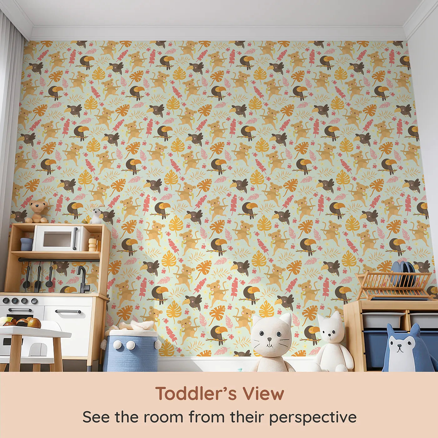Whimsy Tots Monkey Banana Jungle Wallpaper in Mint Green (W3189D) from your child's view.Cheeky monkeys, colorful toucans, and dancing leaves fill every corner with laughter.