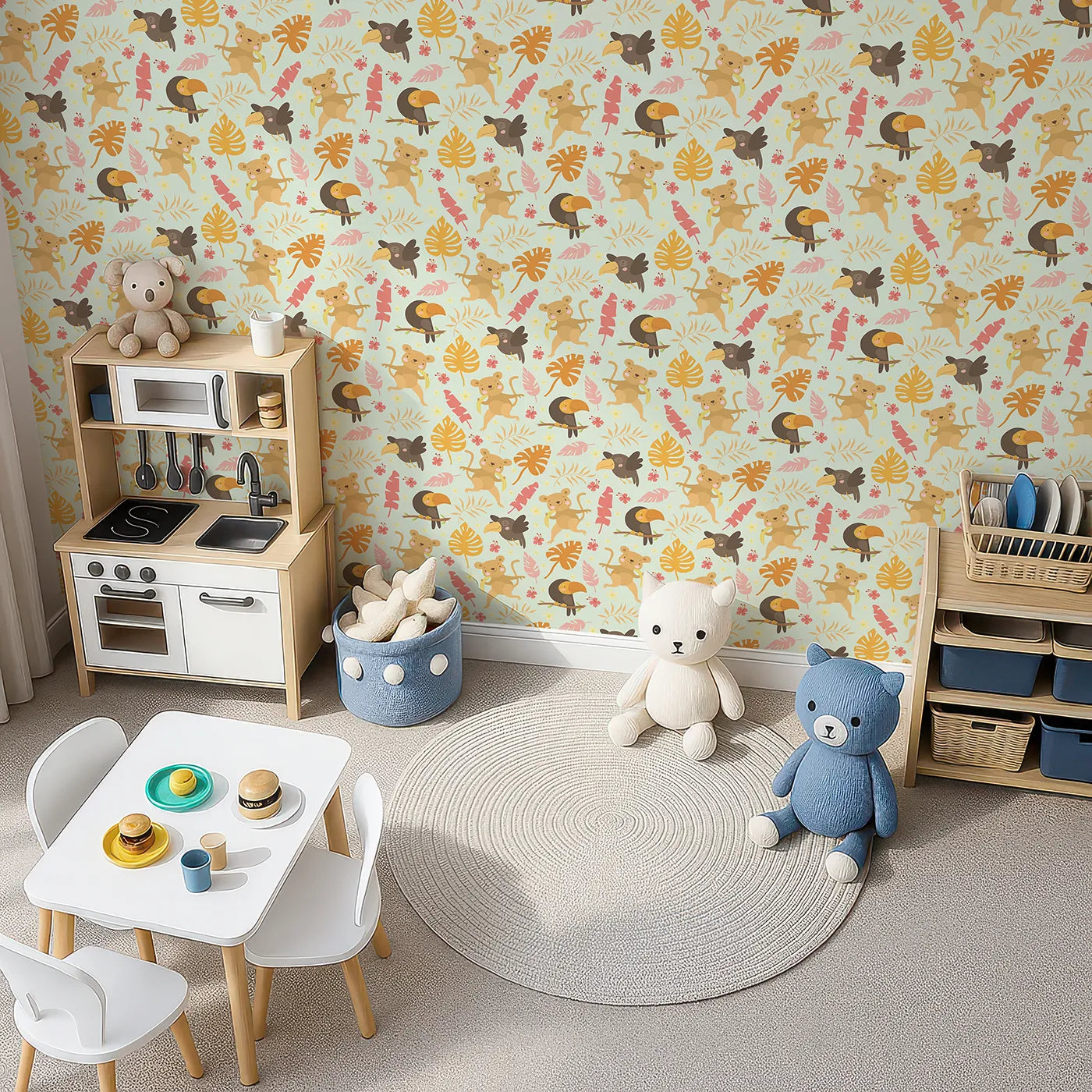 Top-Down view of Whimsy Tots' Monkey Banana Jungle Wallpaper in Mint Green (W3189D).Cheeky monkeys, colorful toucans, and dancing leaves fill every corner with laughter.